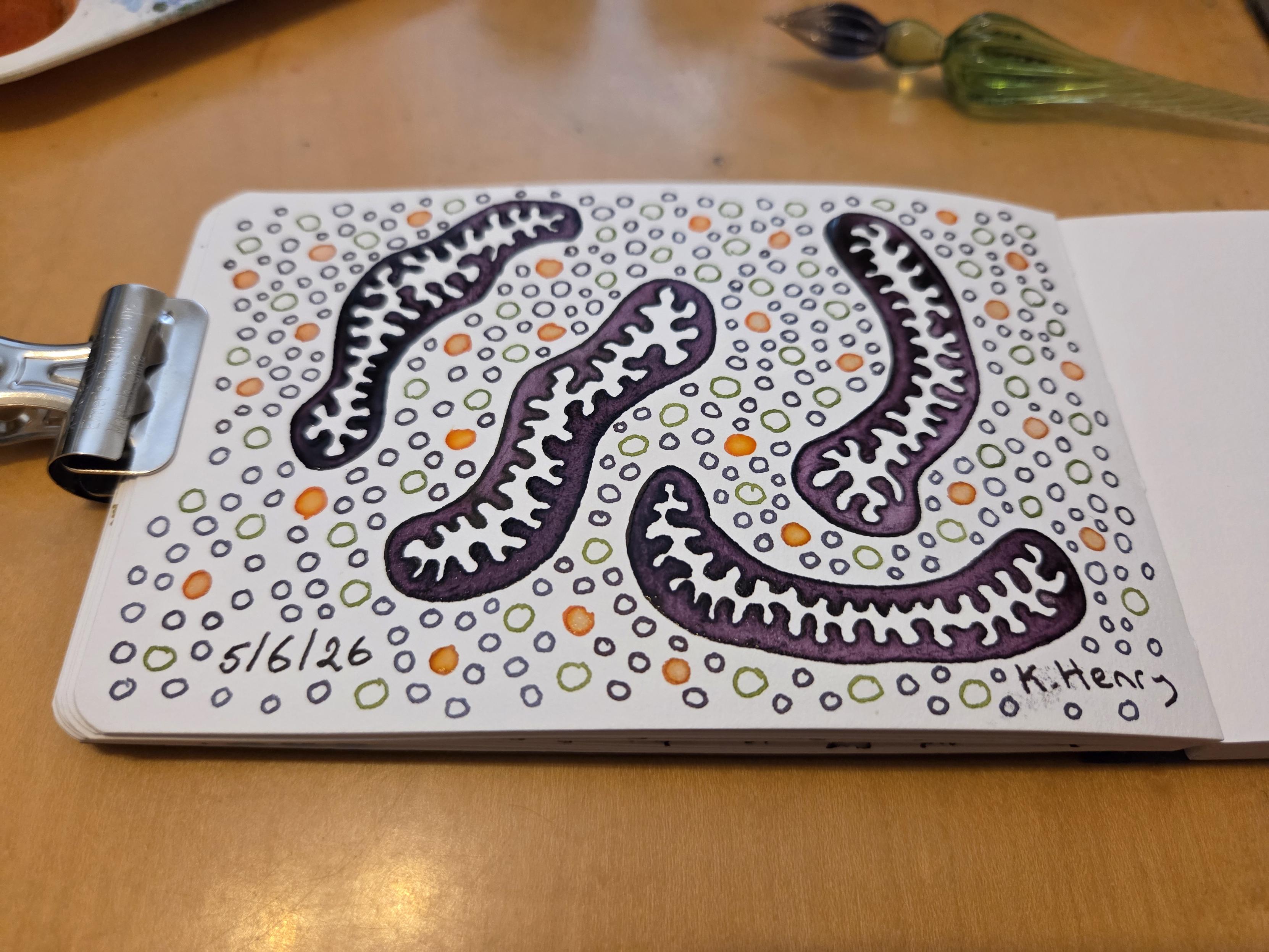 Hand drawn generative/procedural art in ink on an open page of my sketchbook. The abstract drawing looks a bit like a biology illustration with mitochondria and vesicles.