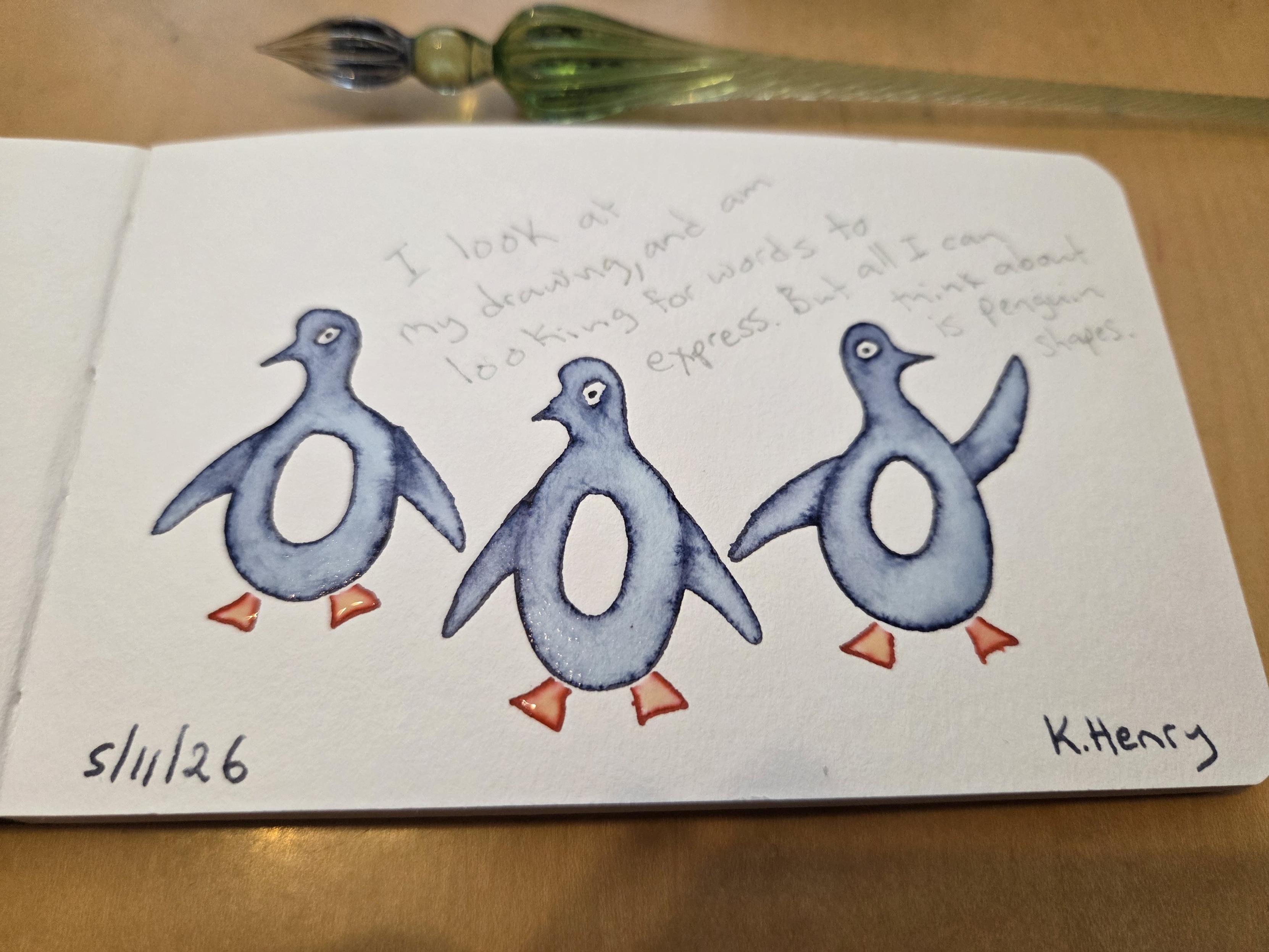 Hand drawn generative/procedural art in ink on an open page of my sketchbook. The abstract art looks like three penguins and some text above them. The text reads "I look at my drawing, and am looking for words to express. But all I can think about is penguin shapes".