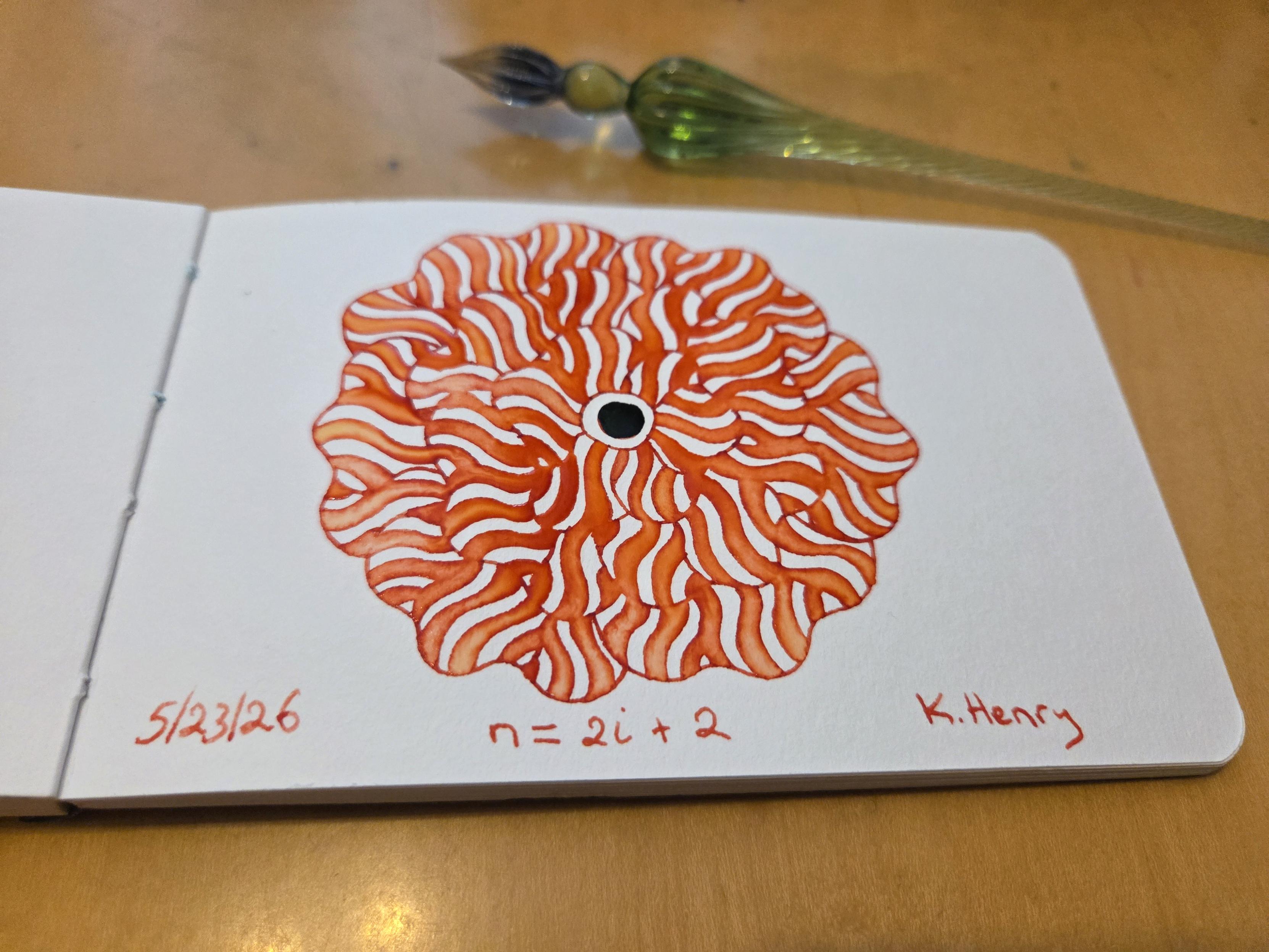 Hand drawn generative/procedural art in ink on an open page of my sketchbook. The abstract pattern is floral and there is a simple mathematical formula written at the bottom: n = 2i + 2.  My glass dipping pen is next to my sketchbook.