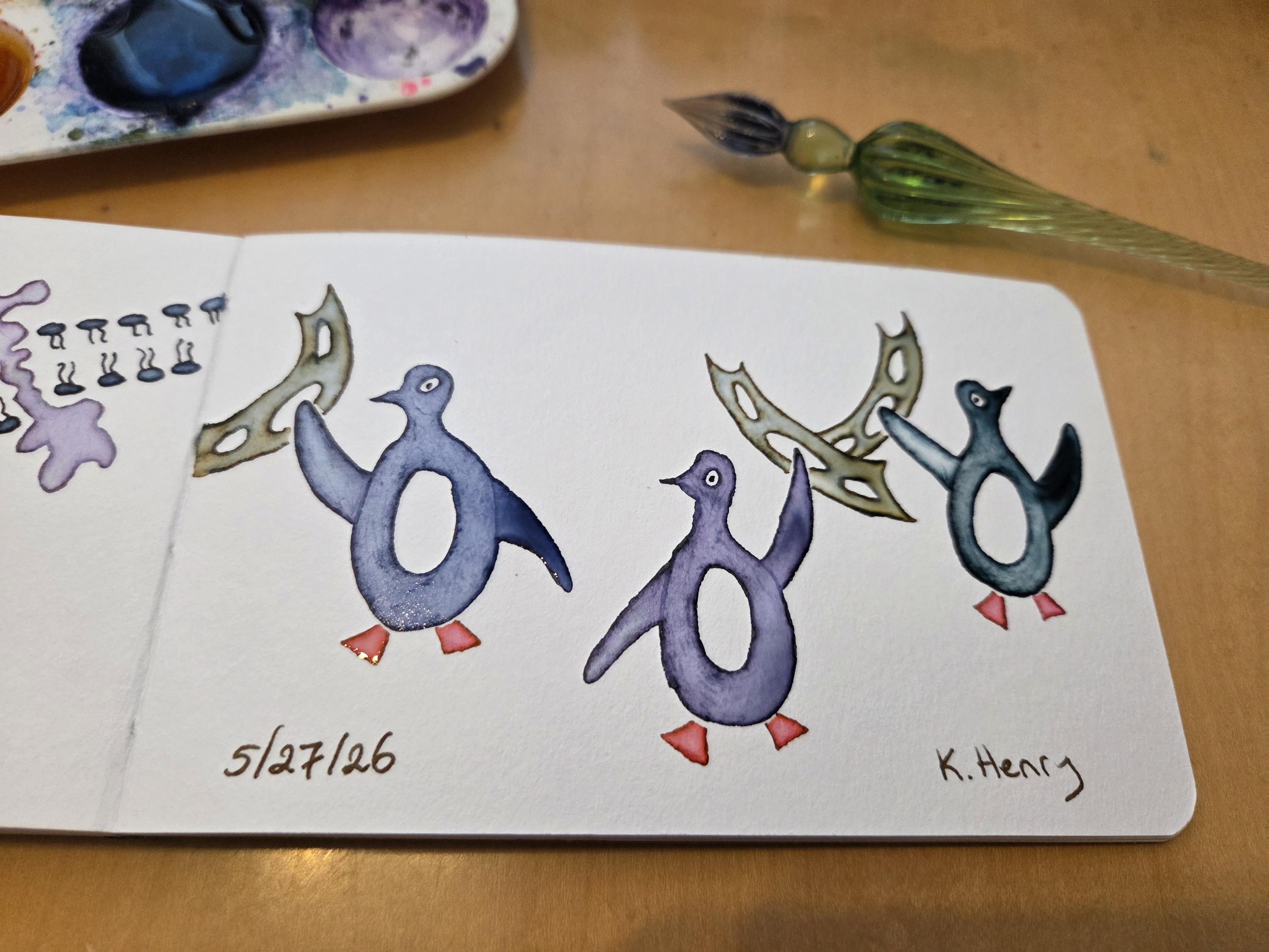 Hand drawn generative/procedural art in ink on an open page of my sketchbook. The abstract pattern is three angry-looking penguins wielding star trek Klingon batleths. My glass dipping pen is next to my sketchbook.
