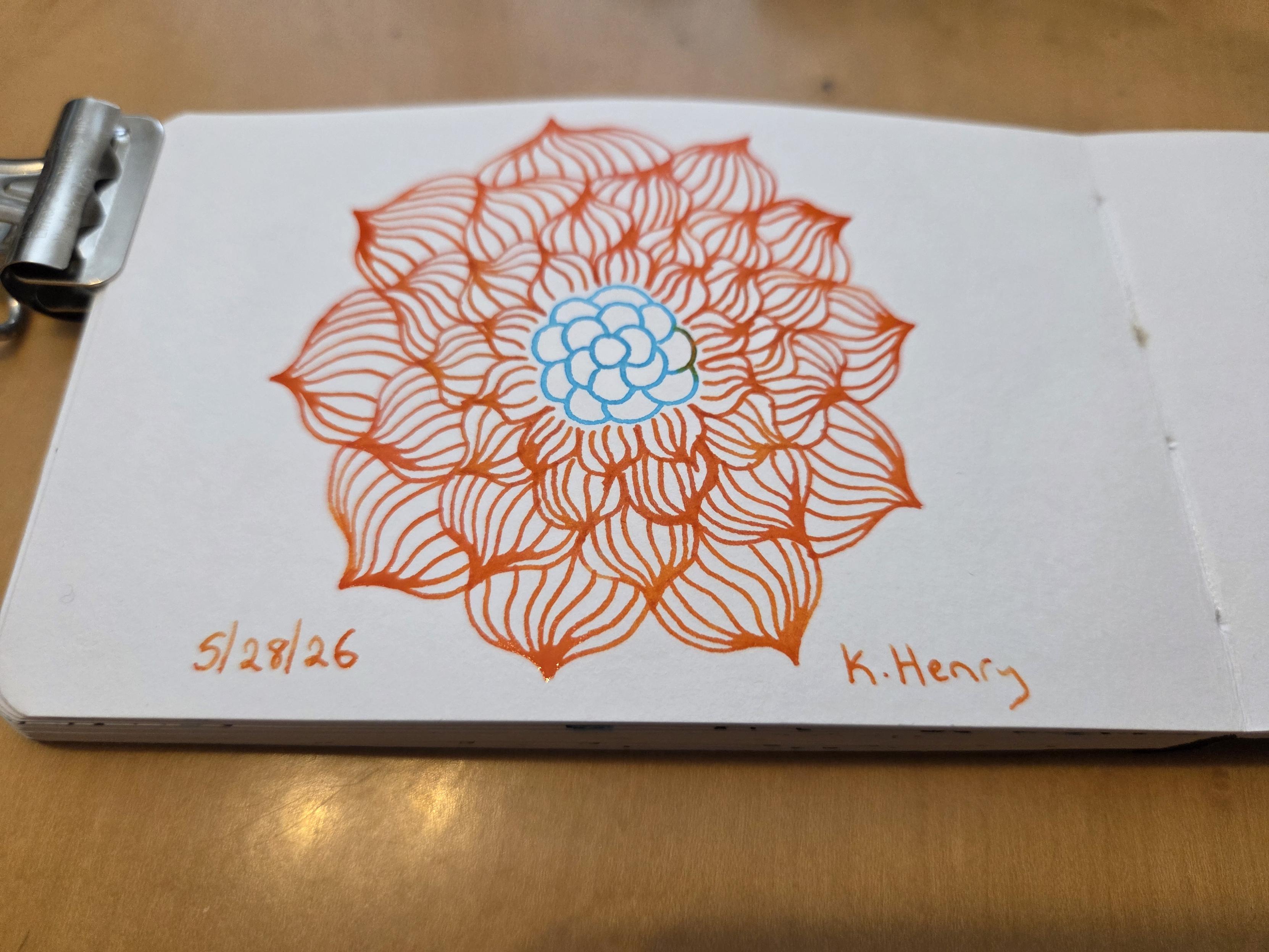 Hand drawn generative/procedural art in ink on an open page of my sketchbook. The abstract pattern is floral.