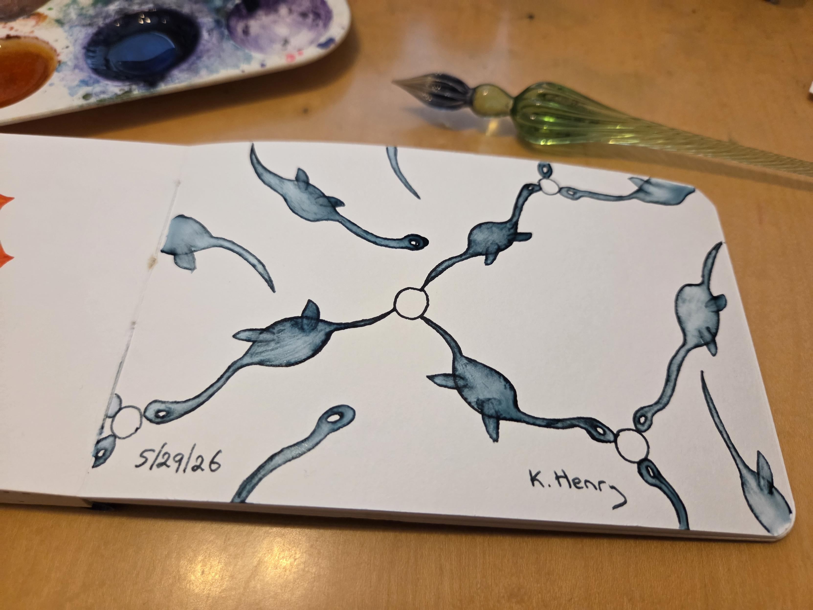 Hand drawn generative/procedural art in ink on an open page of my sketchbook. The abstract pattern looks a bit like a chemistry diagram, but with plesiosaur shapes making the edge lines.