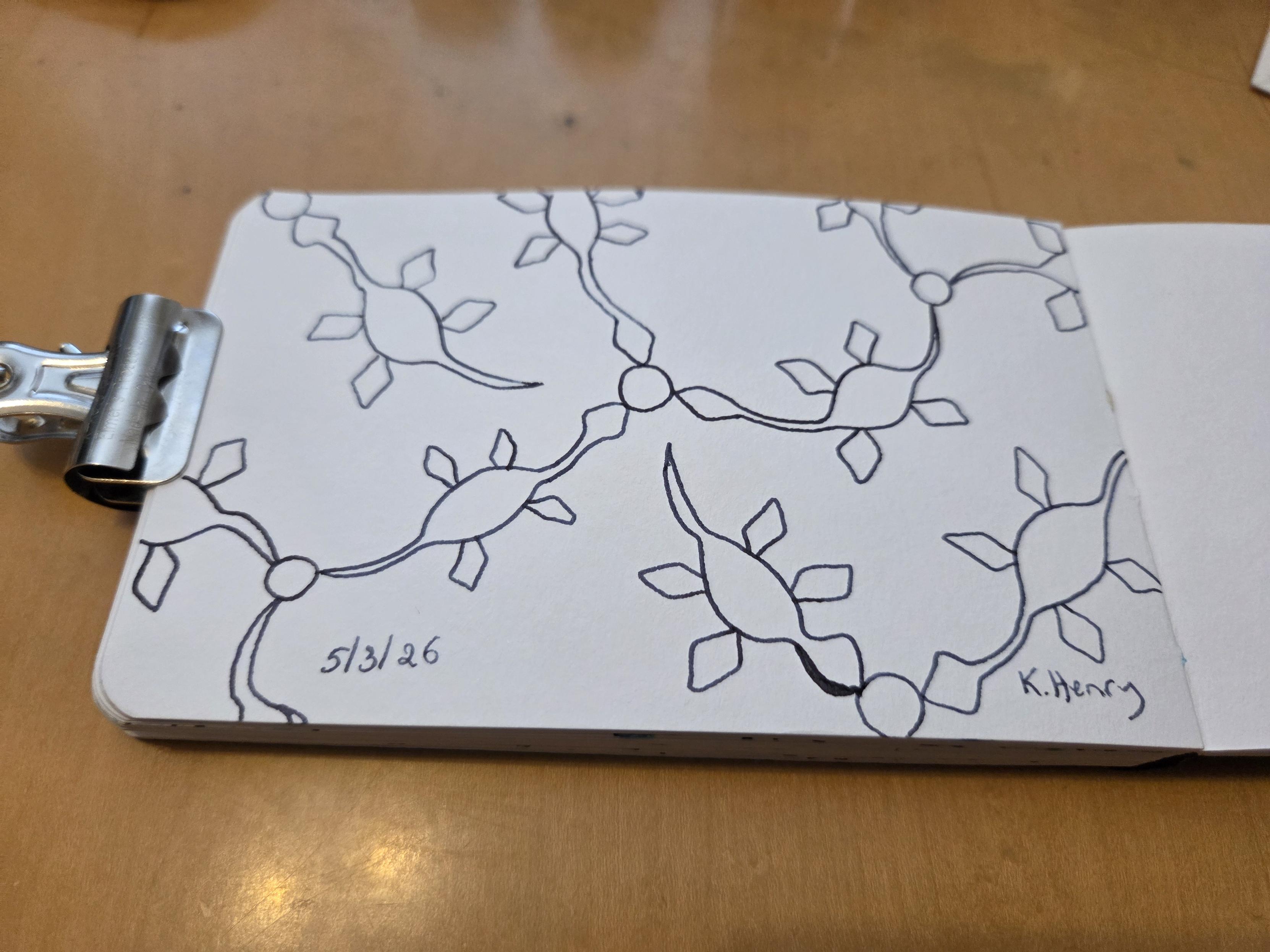 Hand drawn generative/procedural art in ink on an open page of my sketchbook. The abstract pattern kinda looks like a network of Plesiosaurs.