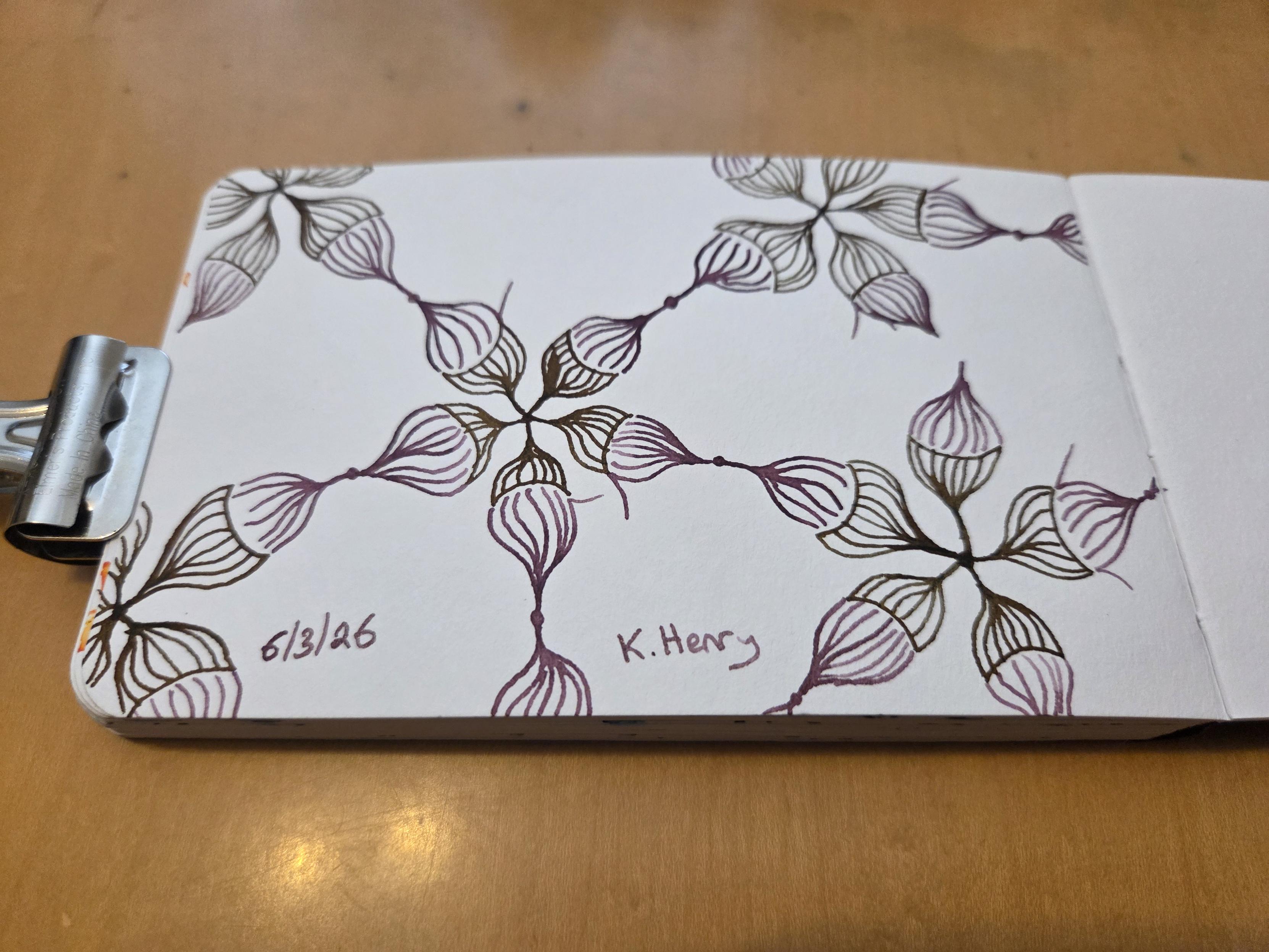 Hand drawn generative/procedural art in ink on an open page of my sketchbook. The abstract pattern looks a bit like a diagram made of flower shapes.
