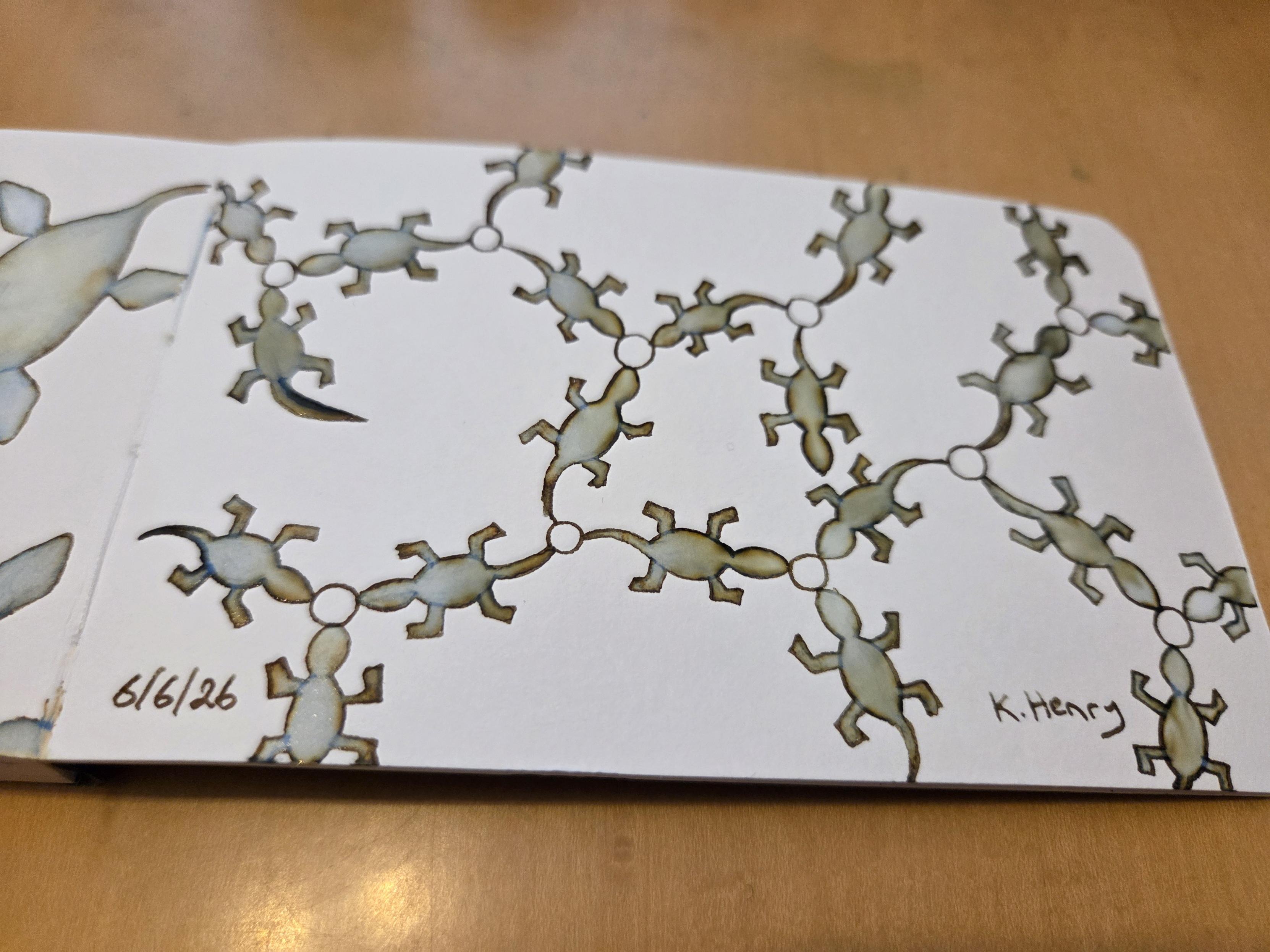 Hand drawn generative/procedural art in ink on an open page of my sketchbook. The abstract pattern looks like lizards instead of lines in a chemistry diagram, a bit.