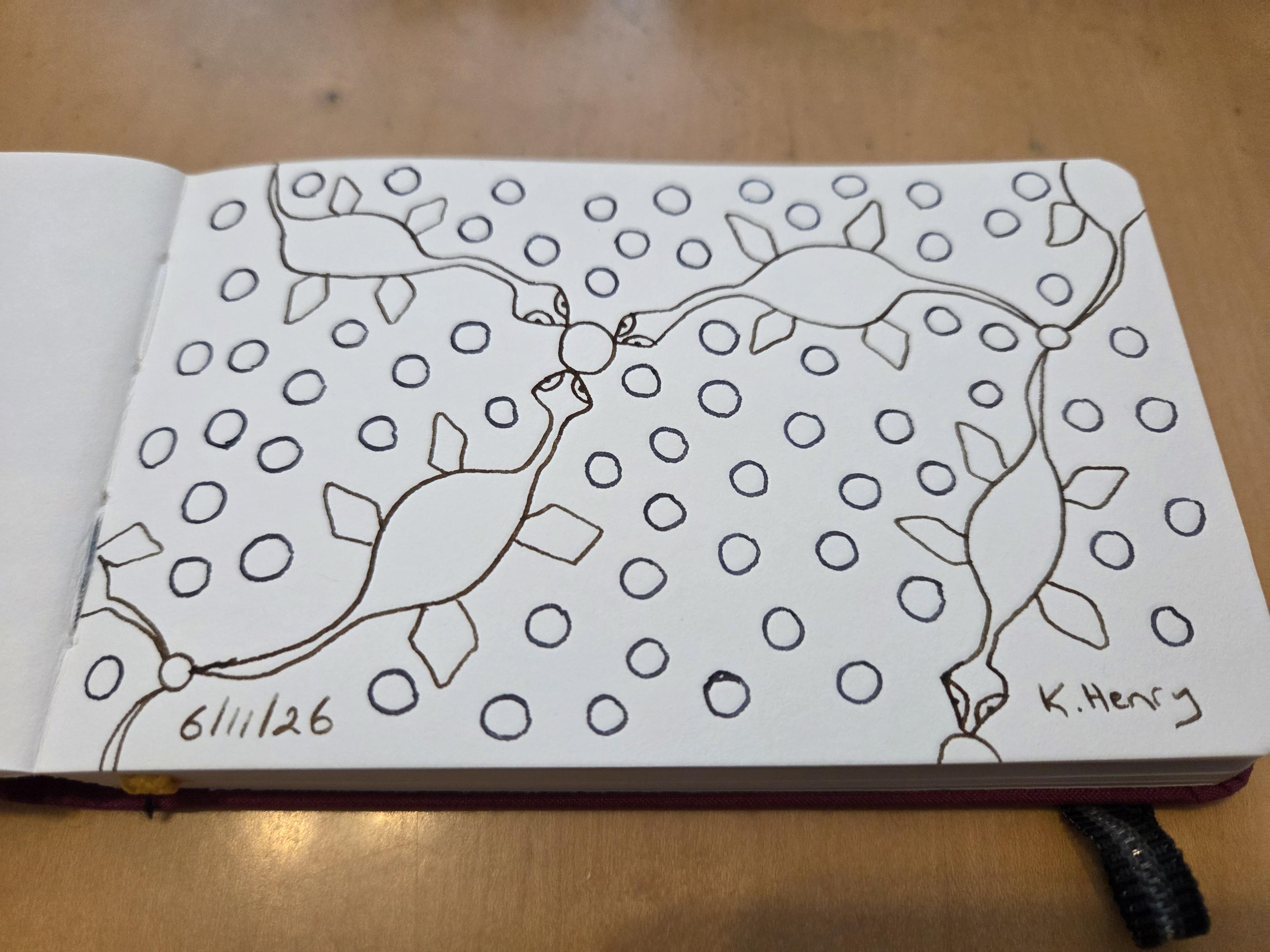 Hand drawn generative/procedural art in ink on an open page of my sketchbook. The abstract pattern looks a bit like networked plesiosaur shapes surrounded by bubbles.