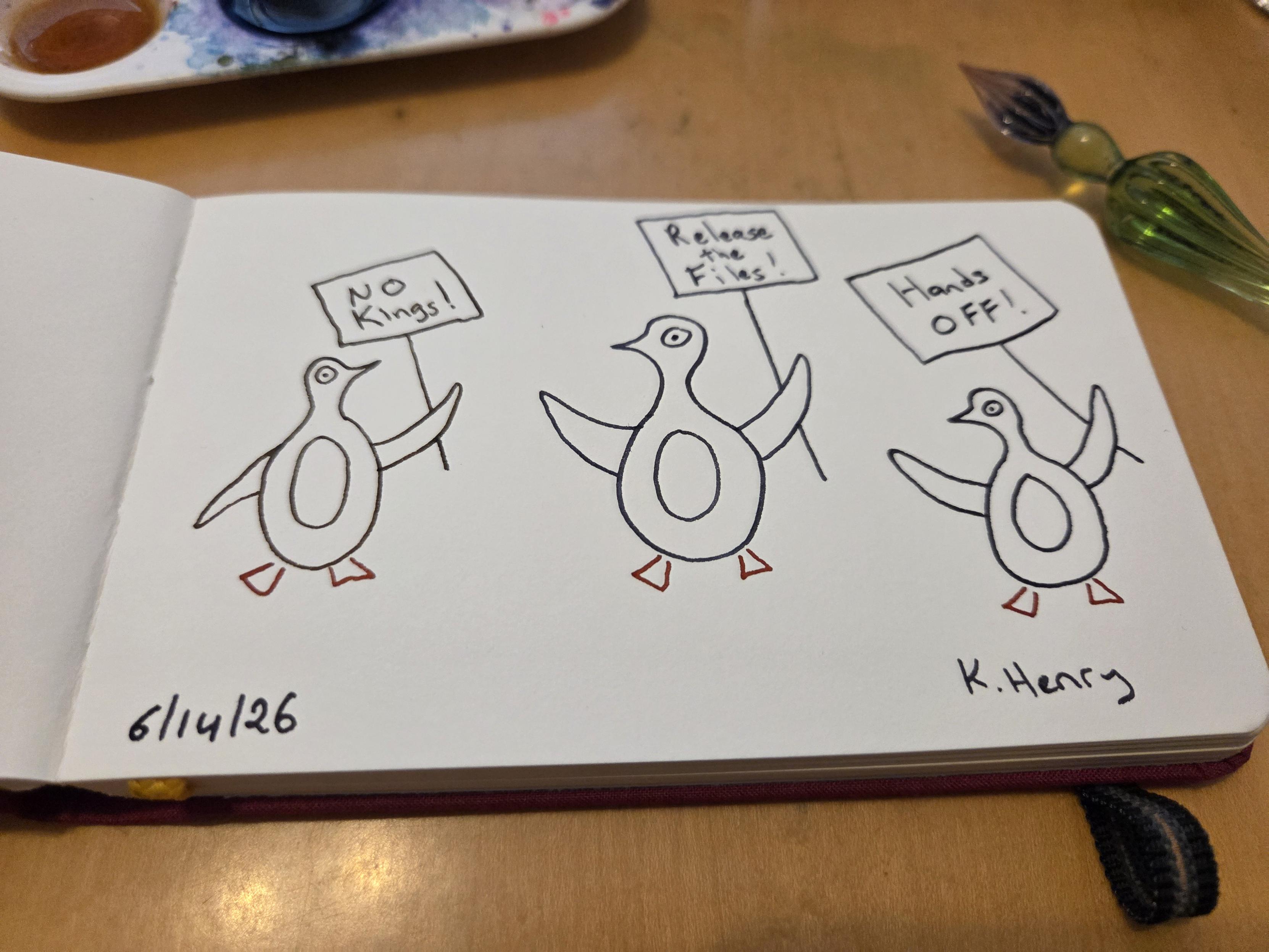 Hand drawn generative/procedural art in ink on an open page of my sketchbook. The abstract drawing looks a bit like three penguins holding up protest signs that read "No Kings!", "Release the Files!", and "Hands OFF!".
