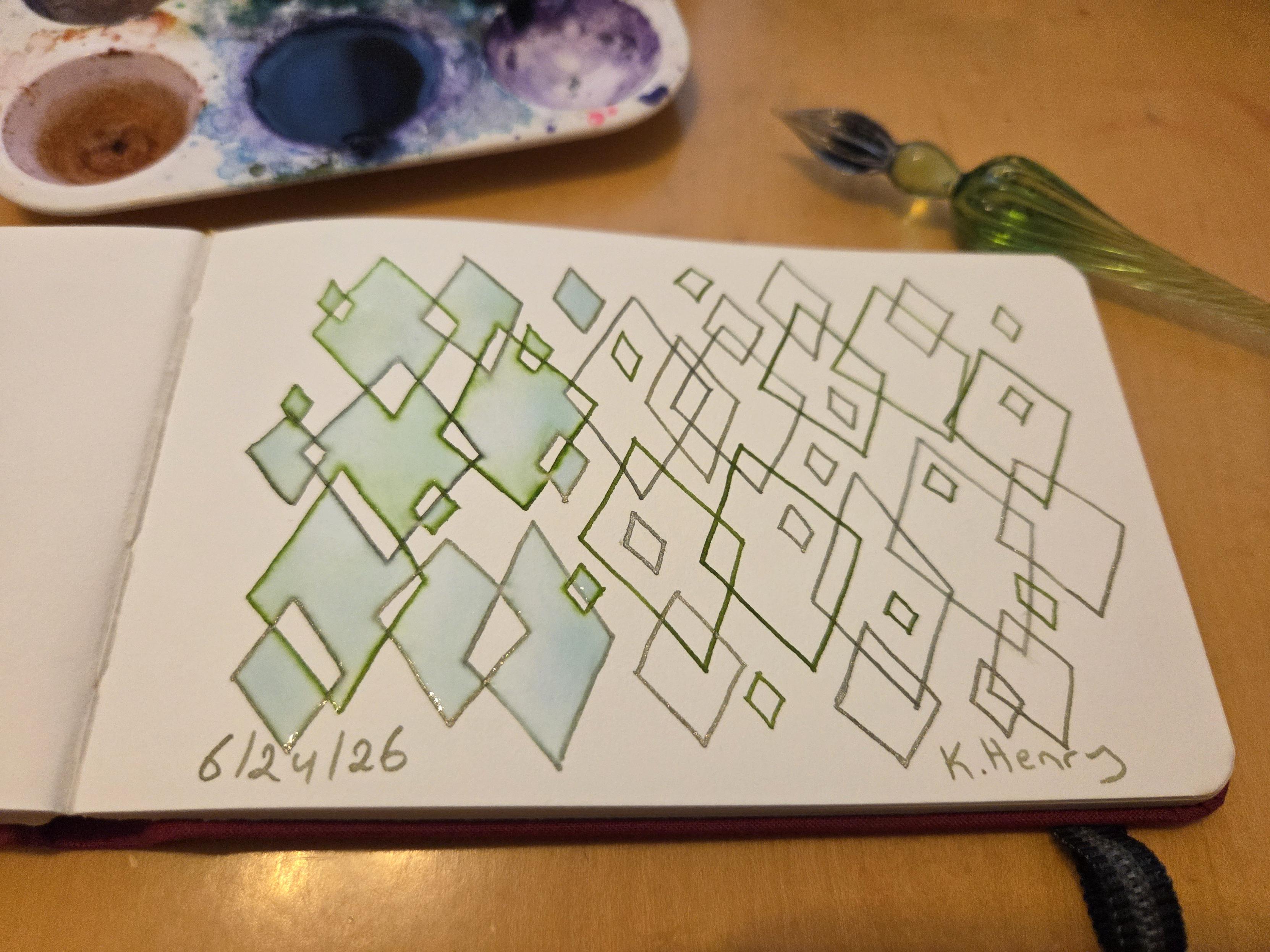 Hand drawn generative/procedural art in ink on an open page of my sketchbook. The abstract pattern has overlapping diamond shapes in different shades of algae green inks.