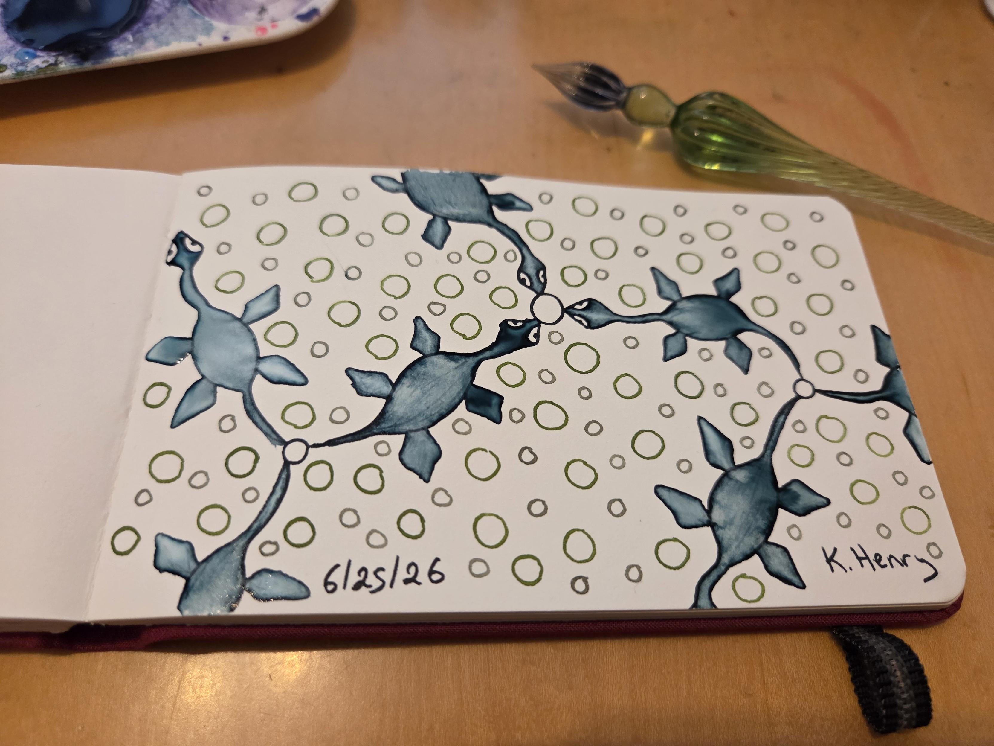 Hand drawn generative/procedural art in ink on an open page of my sketchbook. The abstract pattern looks a bit like pleasiosaurs surrounded by bubbles.