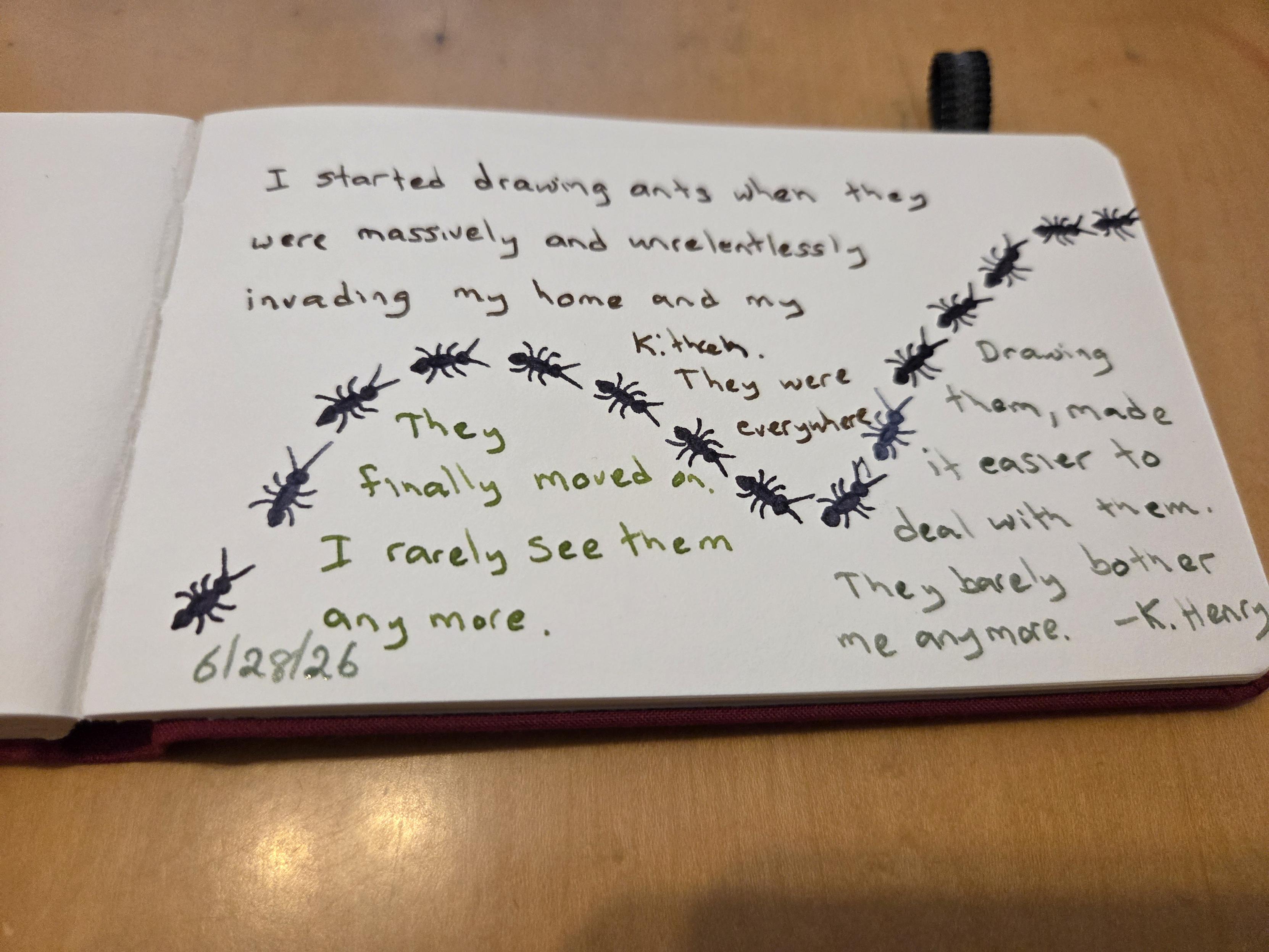 Hand drawn generative/procedural art in ink on an open page of my sketchbook. There are little ant drawings walking along a curved path across the page. There is also text that reads "I started drawing ants when they were massively and unrelentlessly invading my home and my kitchen. They were everywhere. They finally moved on. I rarely see them anymore. Drawing them, made it easier to deal with them. They barely bother me anymore."