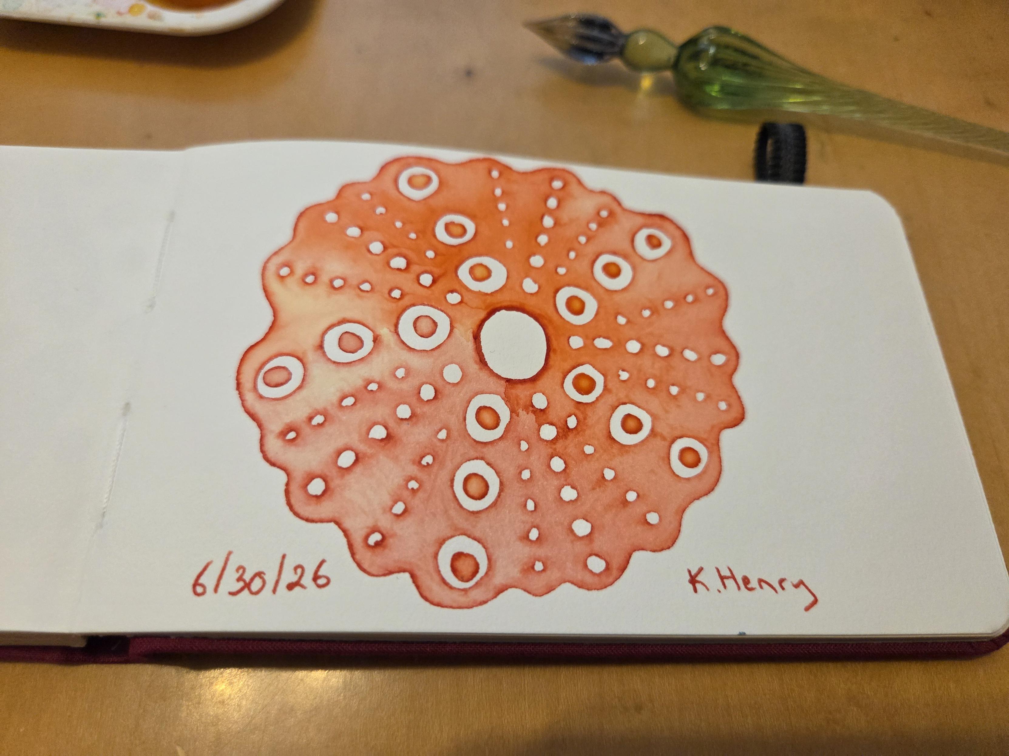 Hand drawn generative/procedural art in ink on an open page of my sketchbook. The abstract pattern looks a bit like a sea urchin. My glass dipping pen is next to my sketchbook.