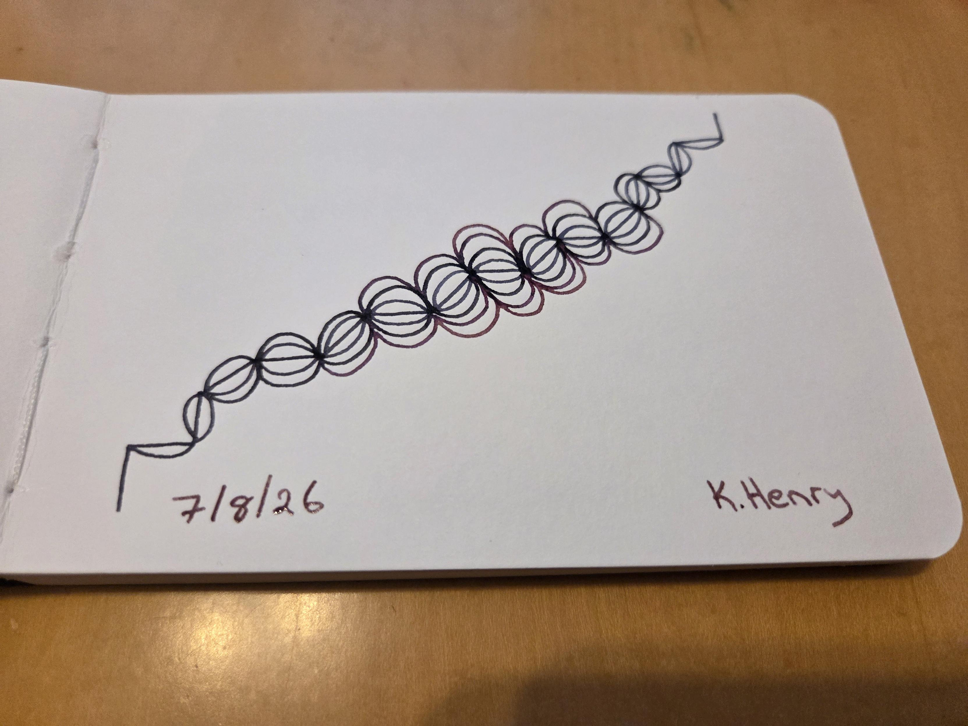 Hand drawn generative/procedural art in ink on an open page of my sketchbook. The abstract pattern looks a bit like and earthworm with a weight problem or a broken hair scrunchi.