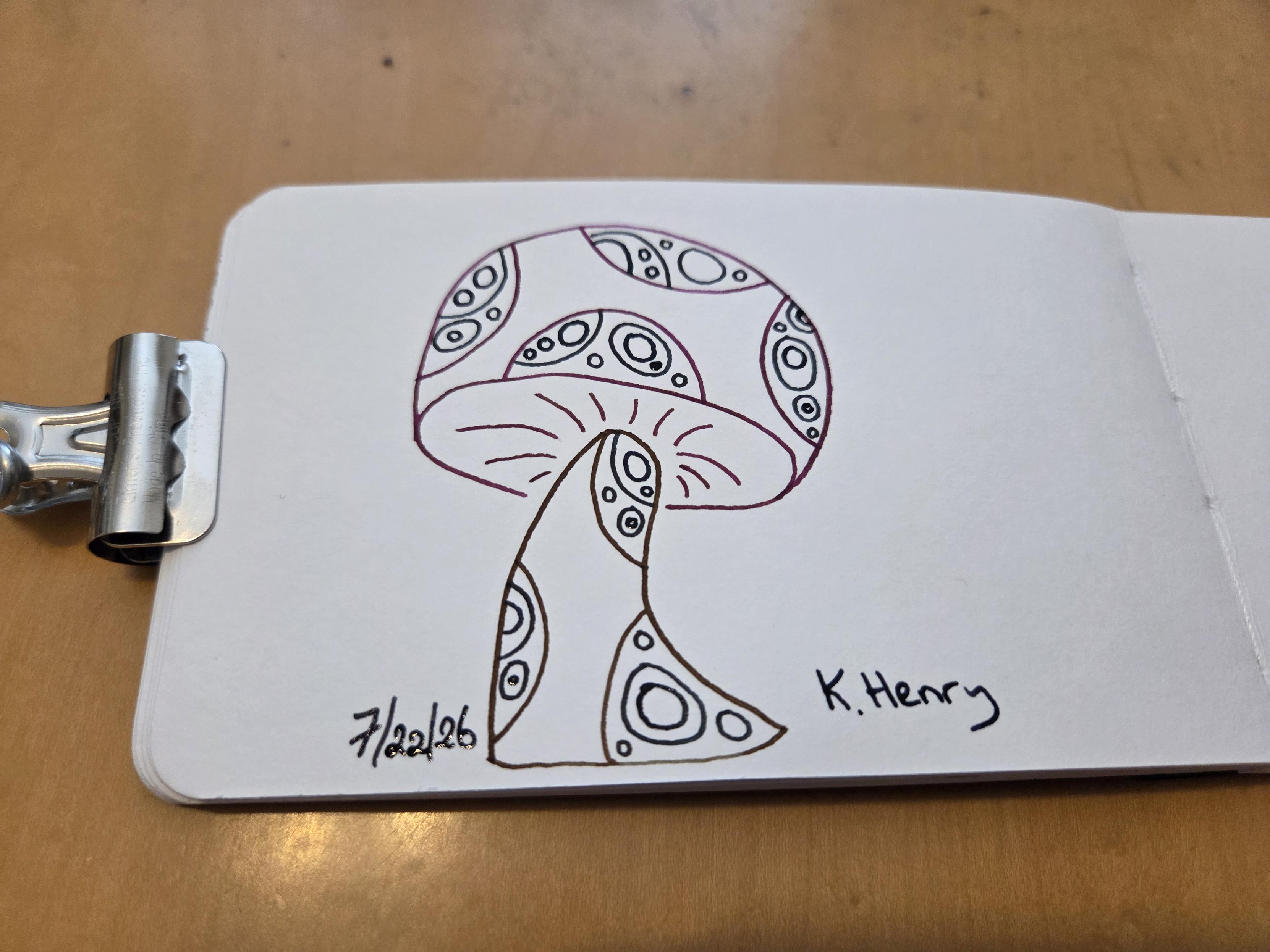 Hand drawn generative/procedural art in ink on an open page of my sketchbook. The abstract pattern looks a bit like a mushroom with spots on it's stem and cap.