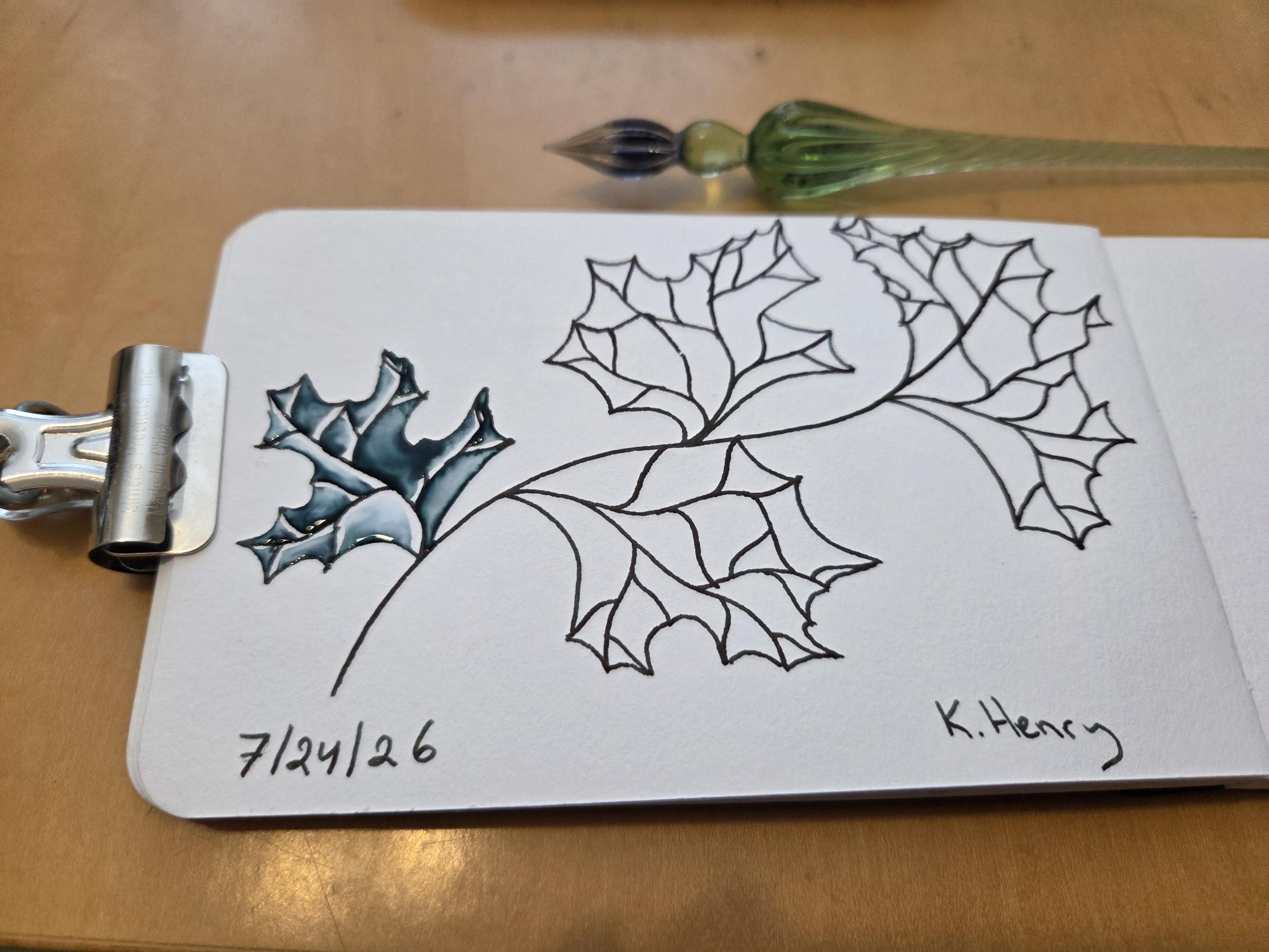 Hand drawn generative/procedural art in ink on an open page of my sketchbook. The abstract pattern looks  bit like leaves on a twig.