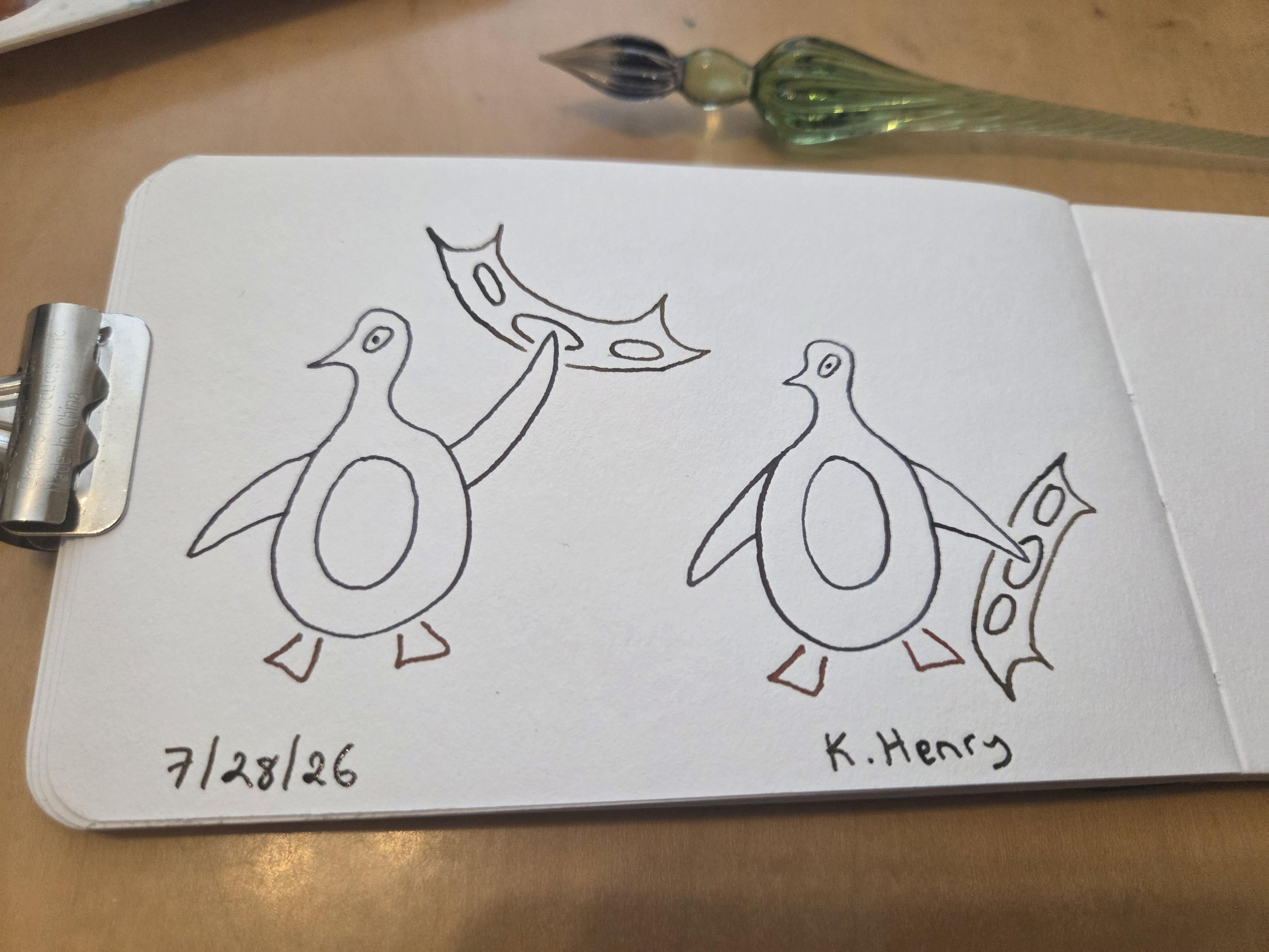 Hand drawn generative/procedural art in ink on an open page of my sketchbook. The abstract pattern looks like two penguins holding Klingon Batleths as in from Star Trek. There is a clip holding my sketchbook open and my glass dipping pen is next to it.