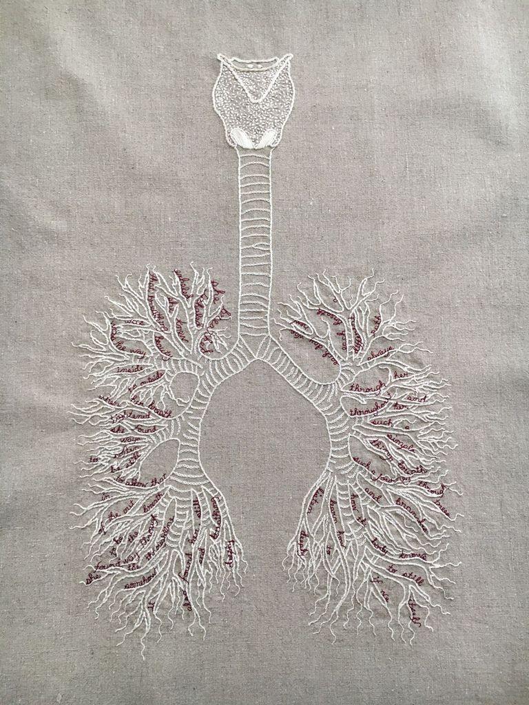 she breathed (2018). An embroidery on a pale natural linen. There is a bone white diagram of a vocal apparatus, trachea, and bronchi/lungs. In between the branches of the bronchioles are small words embroidered in cursive in thin burgundy thread. They read: she breathed. Inhaled. exhaled. she knew. that breathing. was beauty. was the way. inside. to outside. when her breath. tightened. she found. ways. to soften. be still. to allow that. in. of the out. breath. to be. the. way through. she found the throughline. somehow. it. also found her. still. and   breathing. deeply. each day was. new. each breath. a. different. path. always. through her. and. throughout her. such a. simple. thing, breath. such a journey. through. trees. and. branches. how the body knows. to still. itself. if we learn how. to. listen deeply.