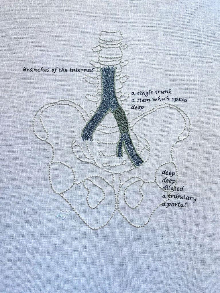 deep dilation (2025). A pelvis with lumbar vertebrae is stitched in thick backstitch in a white just slightly bluer than the white linen. Part of the iliac vein is outlined in grey-green stem stitch. A section on the left branch is outlined in darker grey-green split stitch with a honeycomb filling stitch stent on it. Intricate turbulence is stitched in single strand dark aquamarine backstitch within the iliac vein. Three blocks of text are stitched in dark grey. They read: Branches of the internal. A single trunk. A stem which opens. Deep. Deep. Deep. Dilated. A tributary. A portal. Lia’s initials stitched in white thread on the bottom left.