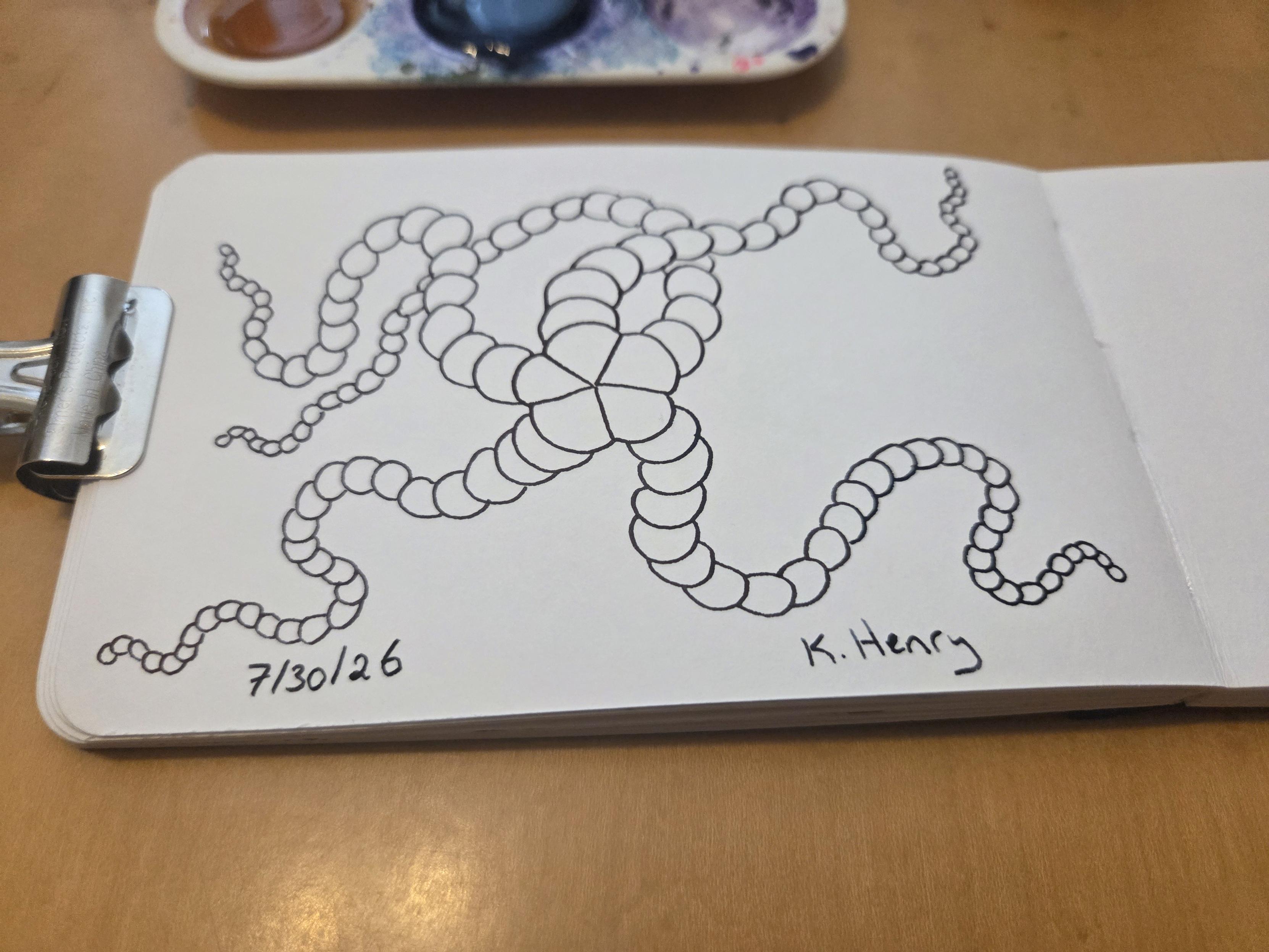 Hand drawn generative/procedural art in ink on an open page of my sketchbook. The abstract pattern looks a bit like a sea star with squirmy arms.