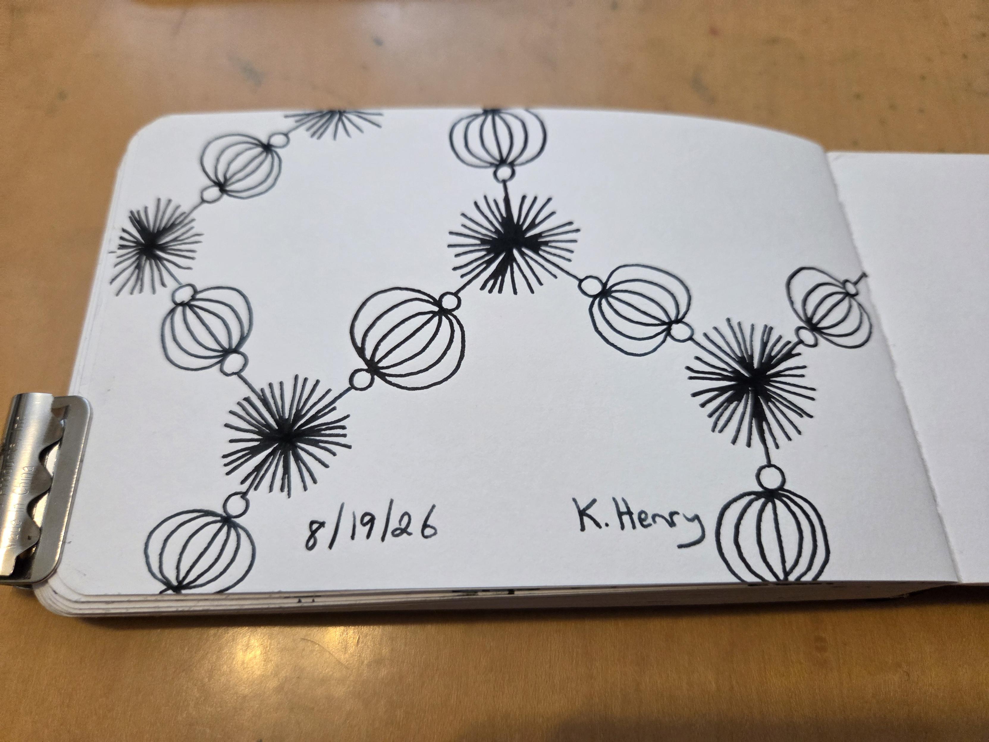 Hand drawn generative/procedural art in ink on an open page of my sketchbook. The abstract pattern looks a bit like a chemistry diagram made with fancy beads.