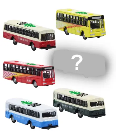 Toy buses with DB20 and pine tree freshener on the roof of each bus