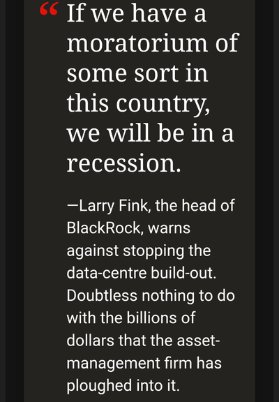 A quote by Larry Fink reading, "If we have a moratorium of some sort in this country, we will be in a recession." The commentary by The Economist reads: "Doubtless nothing to do with the billions of dollars the asset management firm has plowed into it."