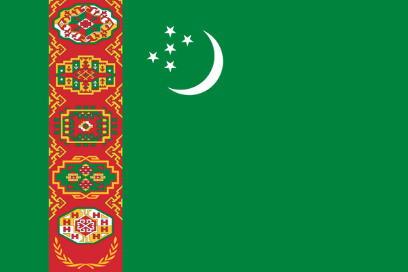 Drapeau du Turkménistan avec fond vert, croissant de lune blanc et cinq étoiles blanches à droite, et une bande verticale rouge à gauche ornée de motifs géométriques colorés inspirés des tapis traditionnels turkmènes.