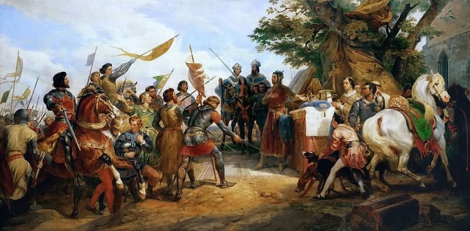 Représentation artistique de la bataille de Bouvines, mettant en scène Philippe Auguste et ses troupes. On y voit des chevaliers en armure et des étendards. Philippe Auguste se tient à côté d'une table où est posée sa couronne. Une croix est également posée à côté.