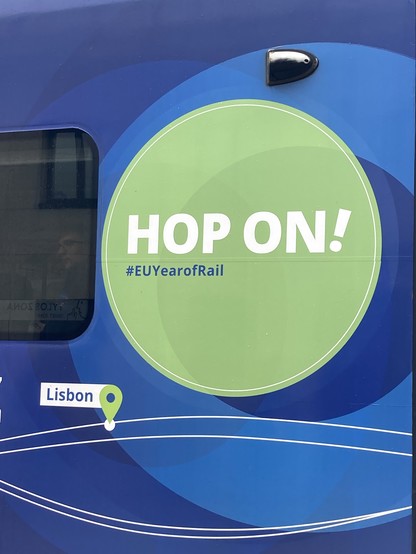 Slogans Hop on! And EUYearofrail on the Riga-Vilnius train
