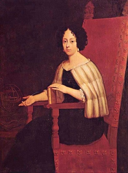 Représentation artistique d’Elena Cornaro Piscopia, assise à côté d’une colonne richement décorée, tenant un livre ouvert et pointant du doigt un globe armillaire posé sur une table à sa gauche. Elle porte une robe noire et une étole blanche drapée sur ses épaules.