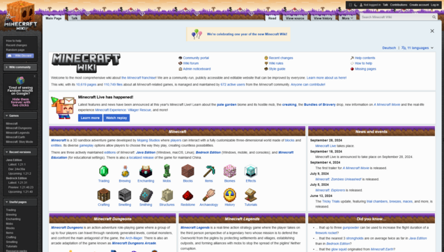 The Minecraft wiki, with a purple/mycelium-themed Halloween skin.