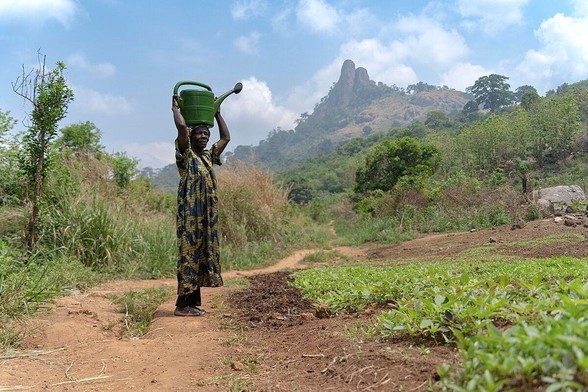 Une femme ivoirienne portant une robe à motifs se tient sur un chemin de terre avec une bassine verte sur la tête, au pied de la Dent de Man. Le paysage environnant est verdoyant avec des rochers épars, sous un ciel dégagé.