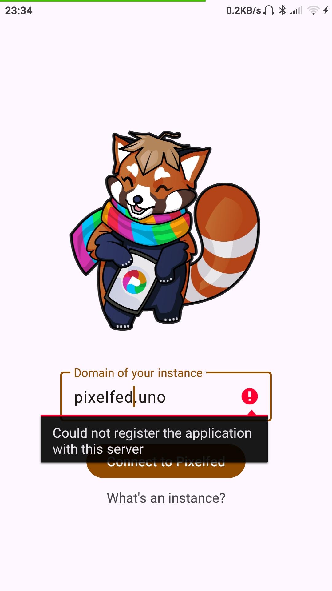 Errore di registrazione dominio pixelfed con l'applicazione PixelDroid, scaricata da FDroid.