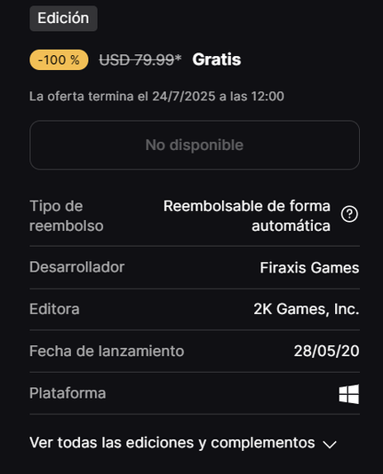 A screenshot of the Epic Games store, the buy button says "Not available" in Spanish.
