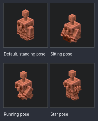 Screenshot from the wiki: the four poses of copper golem statues.  Top left: Default, standing pose Top right: Sitting pose Bottom left: Running pose Bottom right: Star pose