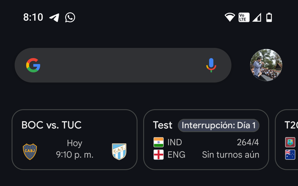 A screenshot of the Google app, showing the scorecard for the Boca vs Atletico Tucumán match and cricket test match between India and England