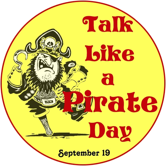 Illustration circulaire avec un fond jaune, présentant un dessin de style bande dessinée d’un pirate et un texte annonçant ‘Talk Like a Pirate Day’ le 19 septembre. Le pirate est représenté en noir et blanc, avec des traits exagérés pour un effet comique. Il porte un chapeau de pirate traditionnel orné d’un symbole de crâne et d’os croisés. Ses traits du visage incluent un bandeau sur l’œil, une longue barbe, et une bouche ouverte exprimant l’enthousiasme ou l’excitation.