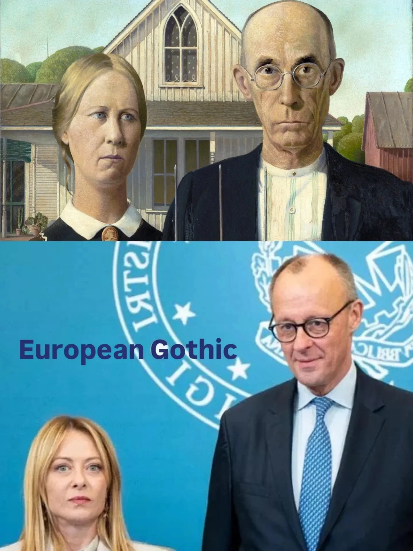 Friedrich Merz and a woman, resembling the famous "American Gothic" painting