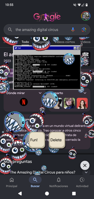The Amazing Digital Circus easter egg in Google. Showing a cmd and Caine and Bubbles.