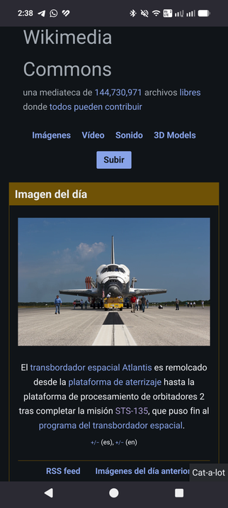 A screenshot of Wikimedia Commons showing the picture of the day. It features Space Shuttle Atlantis at the SLF during STS-135