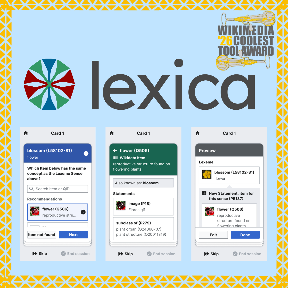 Coolest Tool Award 2026 logo above tool name 'Lexica' and its logo in the Wikidata colours. Below, 3 screenshots of the lexica user interface (on mobile)