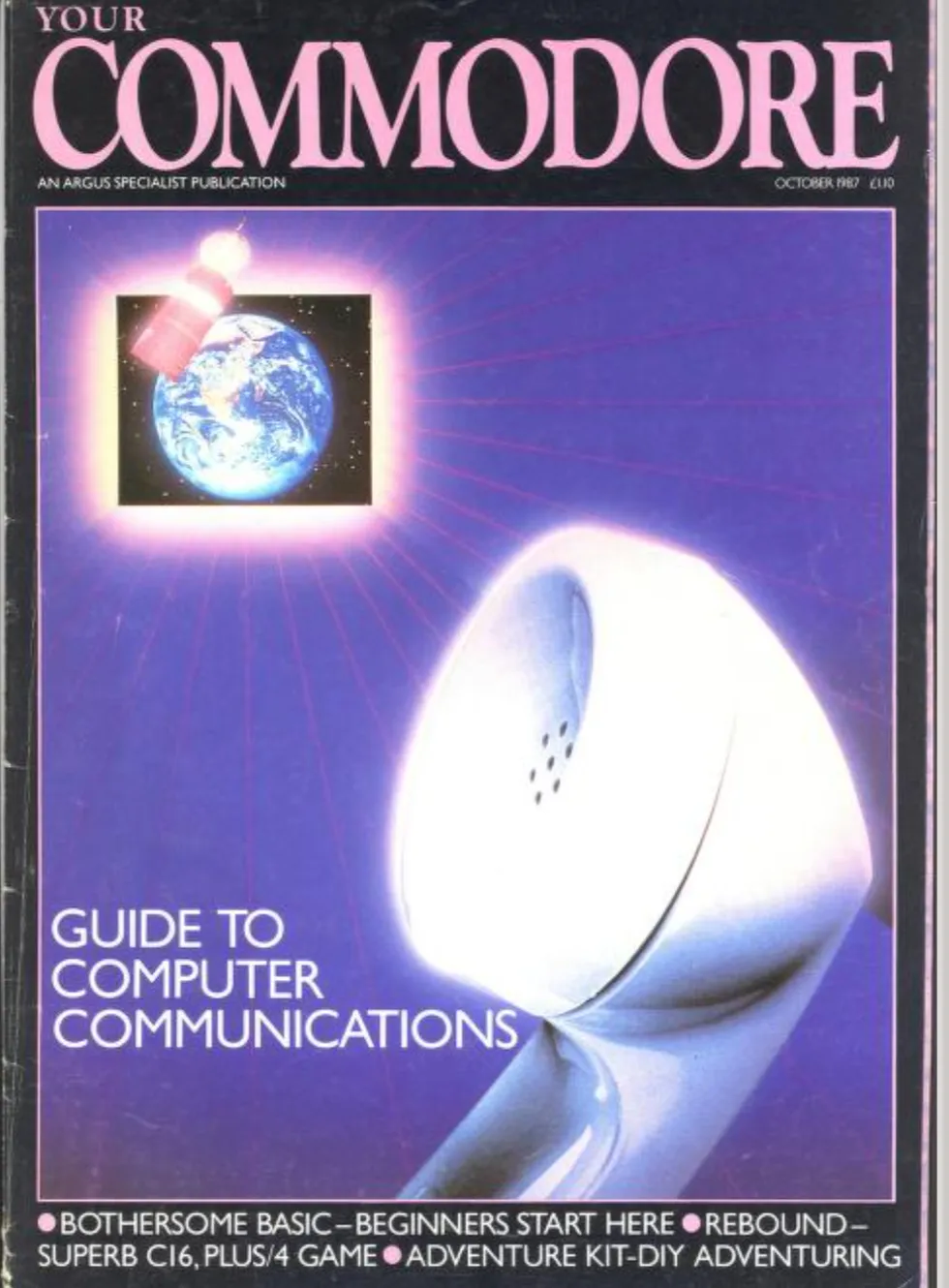 commodore magazine with psychadelic purple background and an 80s style telephone reciever and a glowing globe