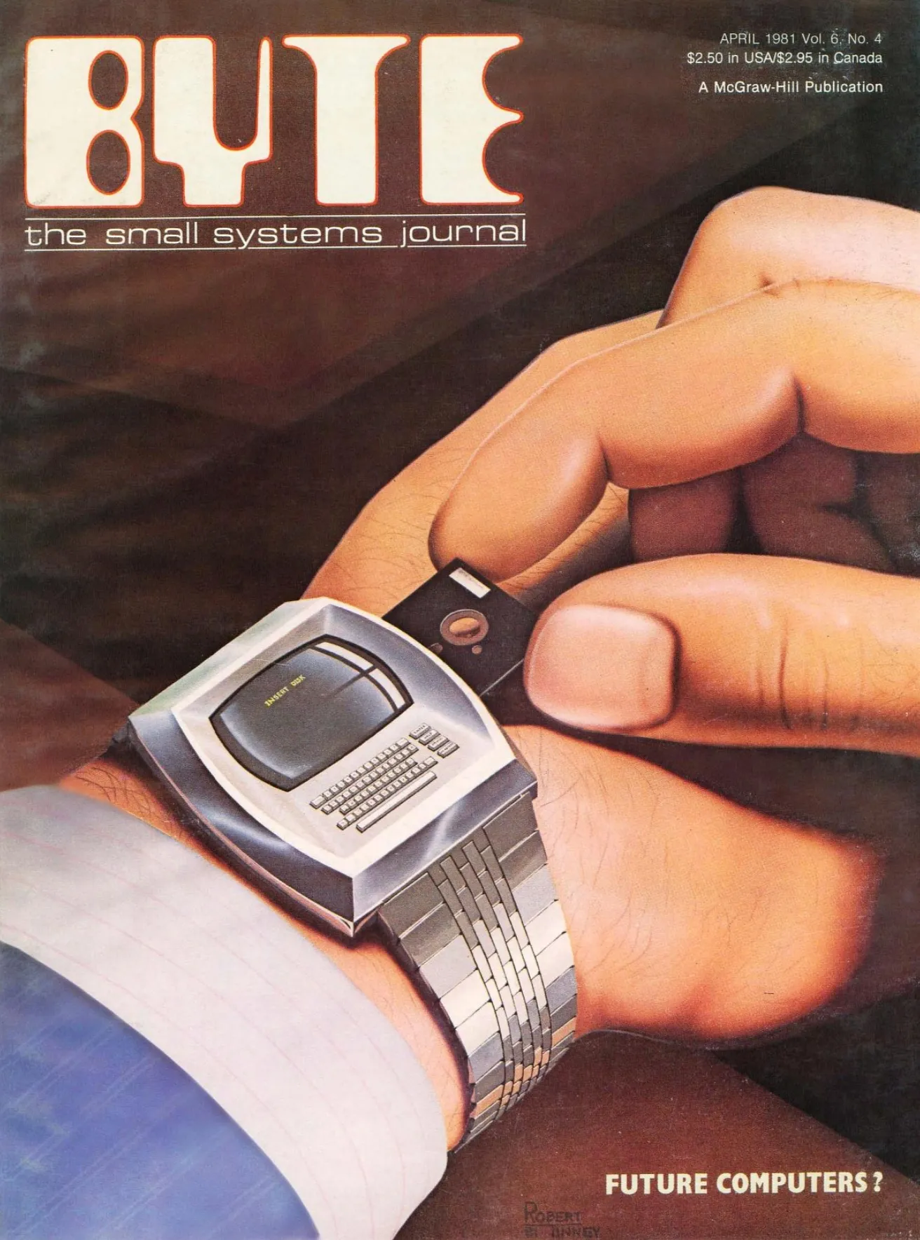 byte magazine showing retrofuturist smartwatch-esque device. "future computers?"