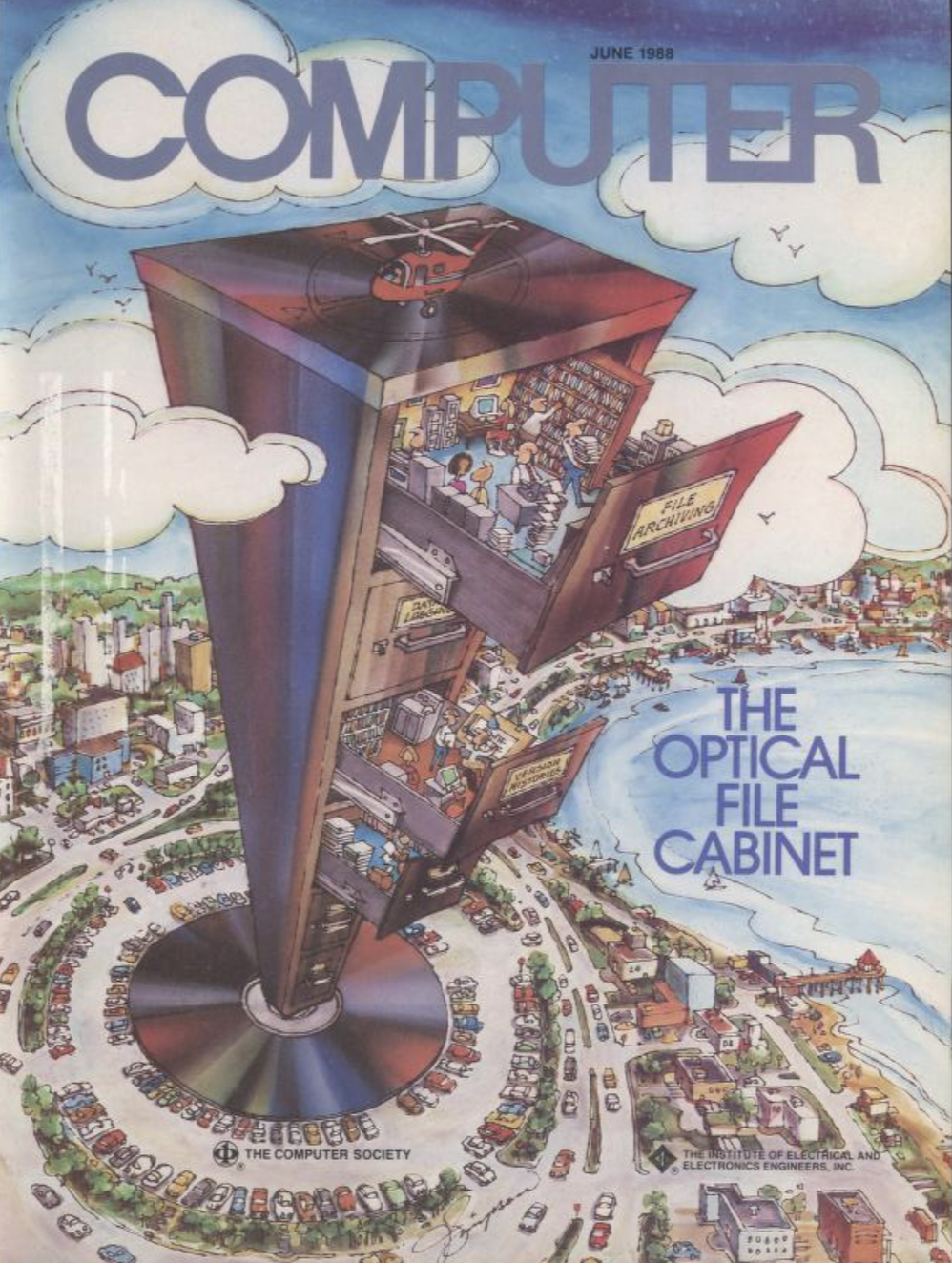 "computer magazine: the optical file cabinet" cover showing a skyscraper in a city which is just a ginormous filing cabinet