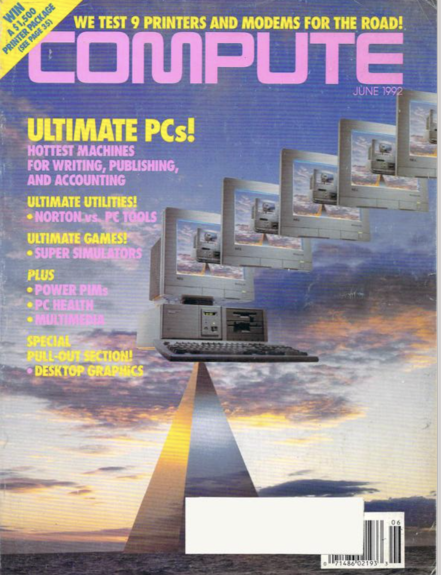 Compute's June 1992 cover shows a reflective metallic pyramid at sunset, surrounded by colorful clouds, and with a row of PCs balancing on top of it