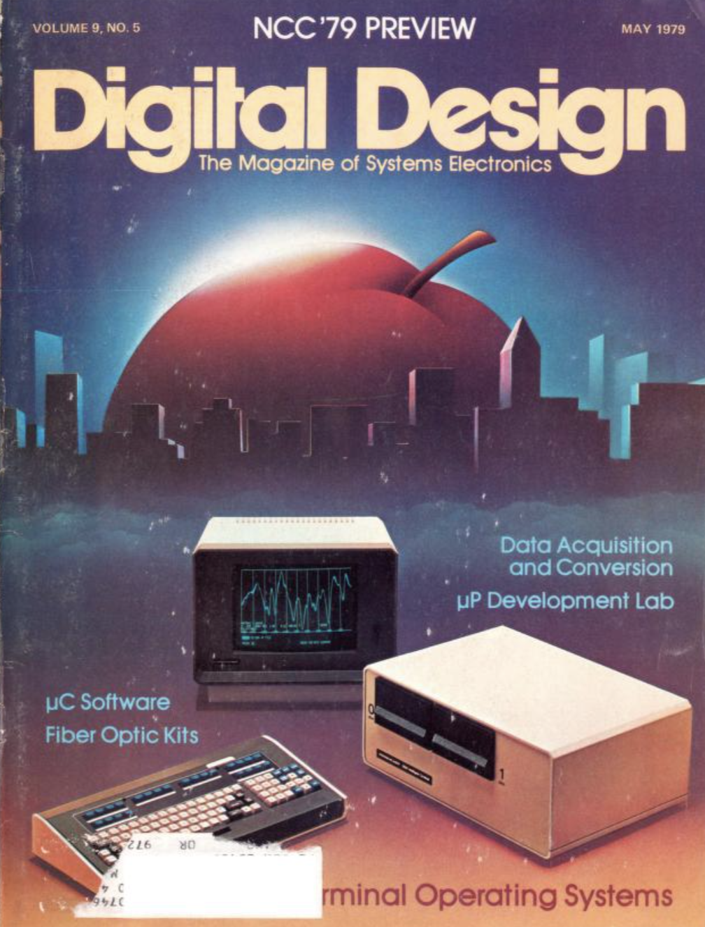 trippy "digital design" magazine cover with massive apple (bigger than the sun) behind a city skyline. computers are in the foreground