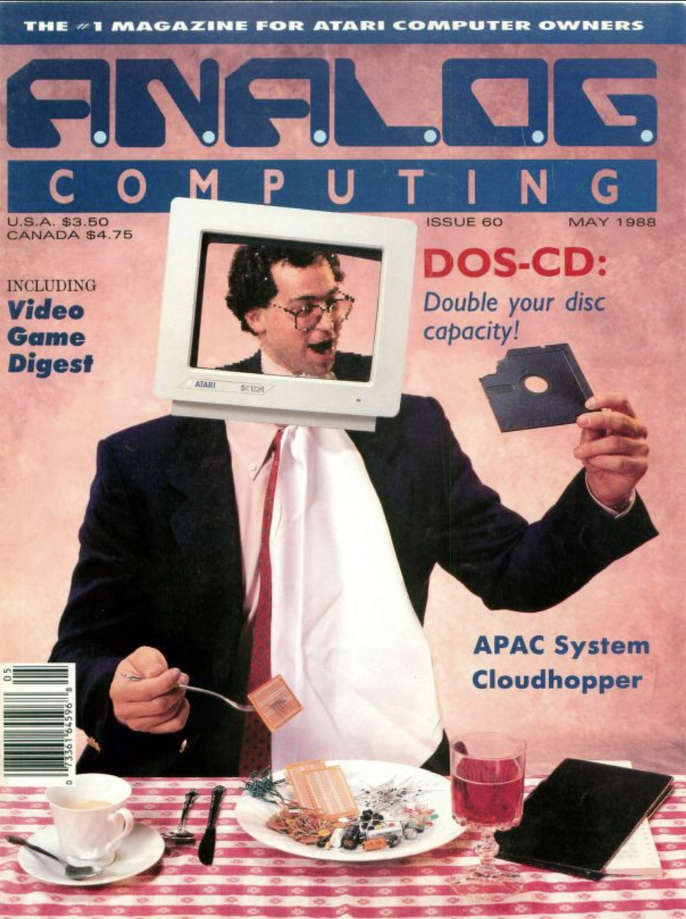 "analog computing" cover shows a man eating dinner with a computer monitor around his head