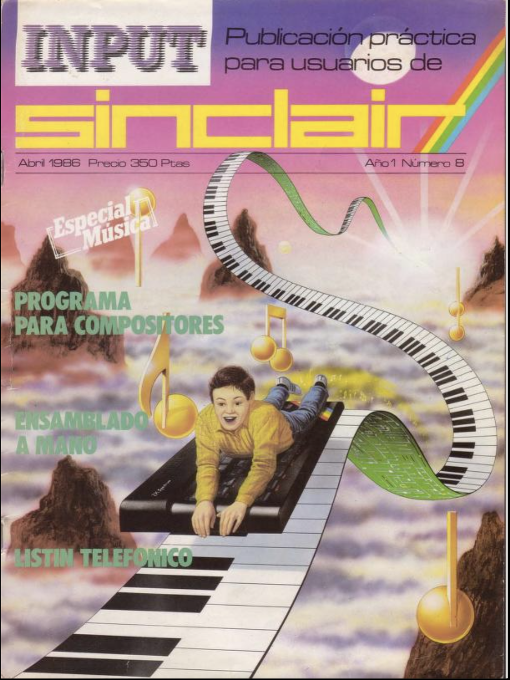 input sinclair magazine shows a boy riding a keyboard like a sled through the air, over mountaintops and pink clouds, along a thin ribbon-like path that is the pattern of piano keys