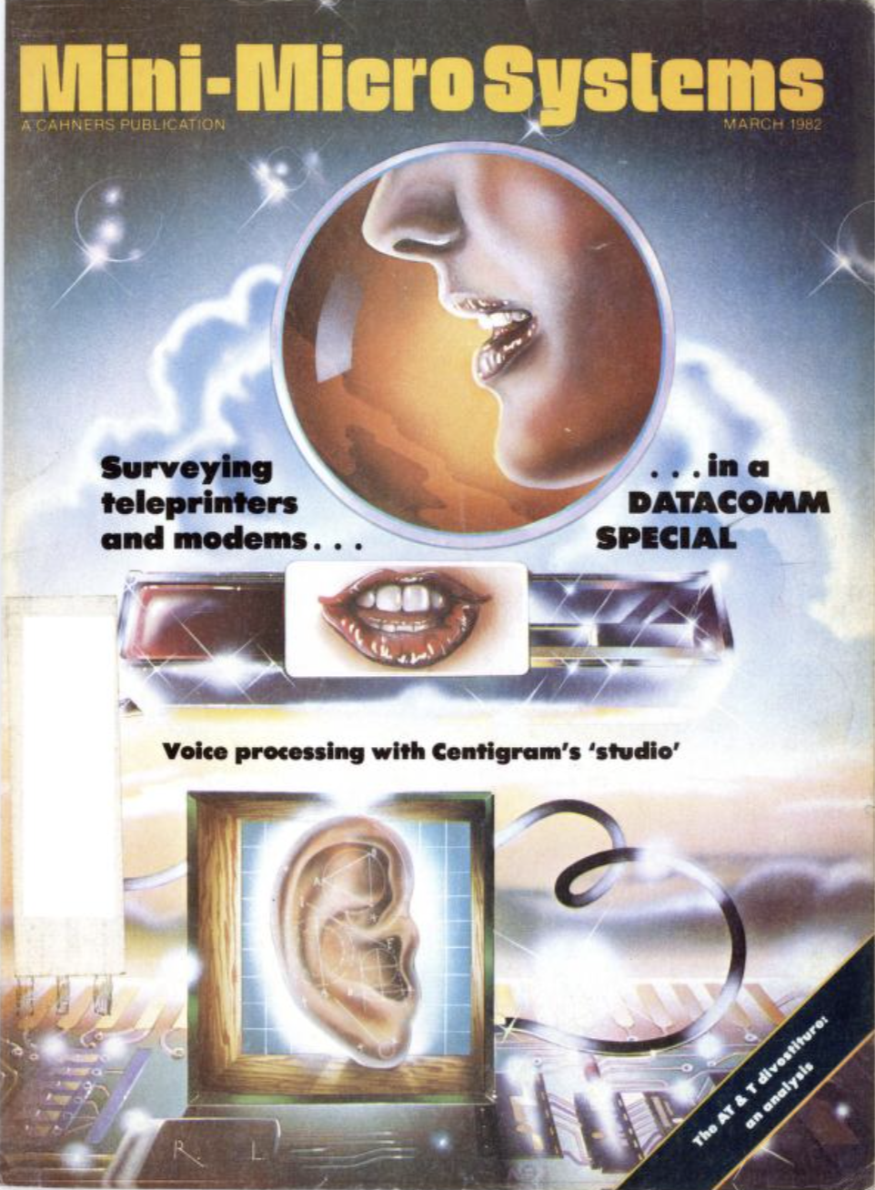 Mini-Micro Systems cover shows a surreal trippy scene with disembodied lips, ears, mouths appearing in a cloudy sky. the "ground" appears to be the inside of a computer