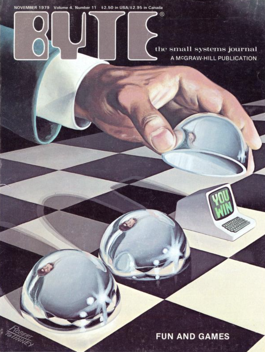 byte magazine cover shows a checkerboard with mysterious dome shaped covers over some squares. a hand lifts one such cover to reveal a computer with "YOU WIN" on its screen
