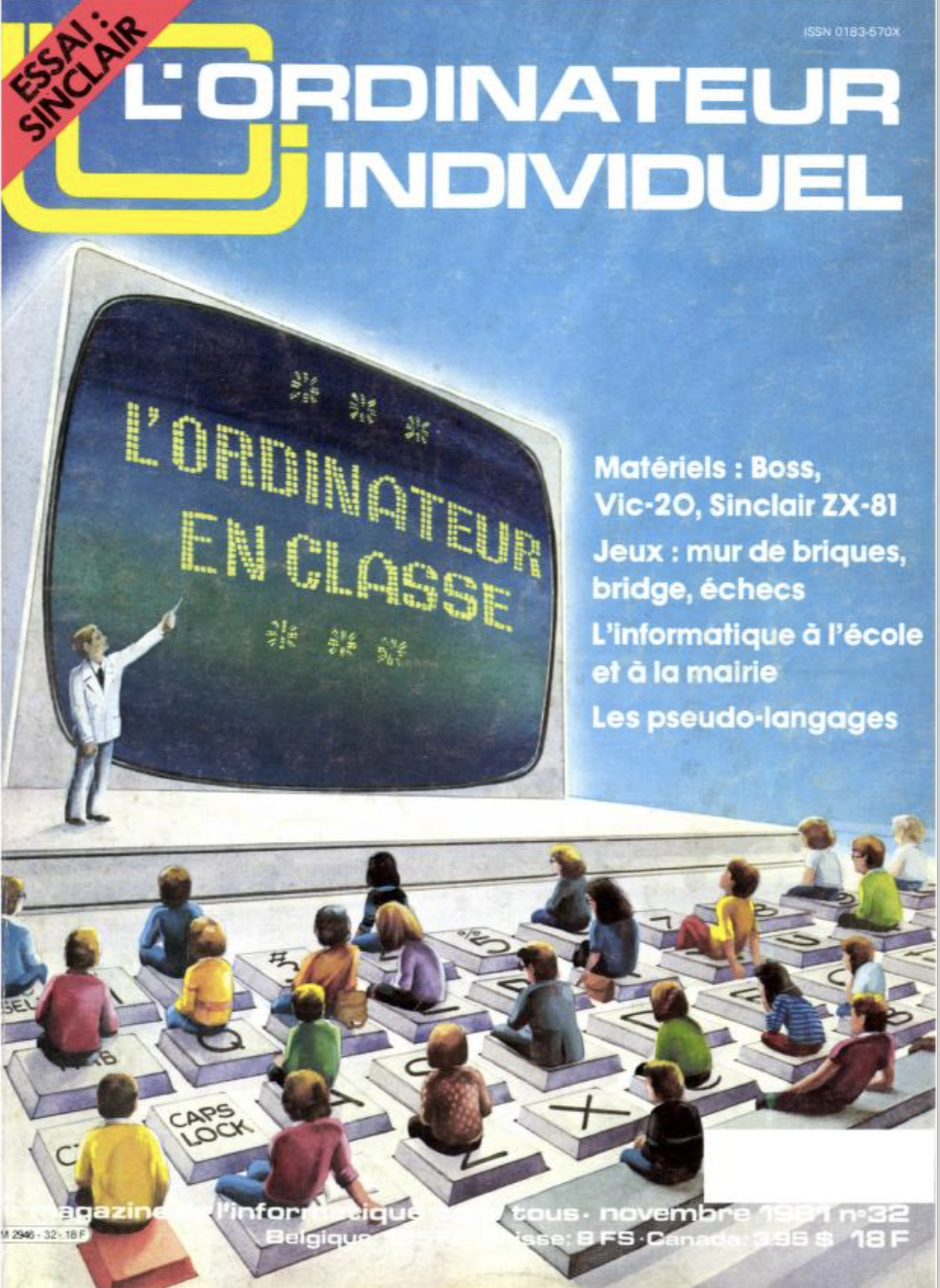 L'ordinateur individuel cover of a massive computer being used as an elementary classroom, with students each sitting on a keyboard key and the teacher pointing at the PC's screen as if it's a blackboard